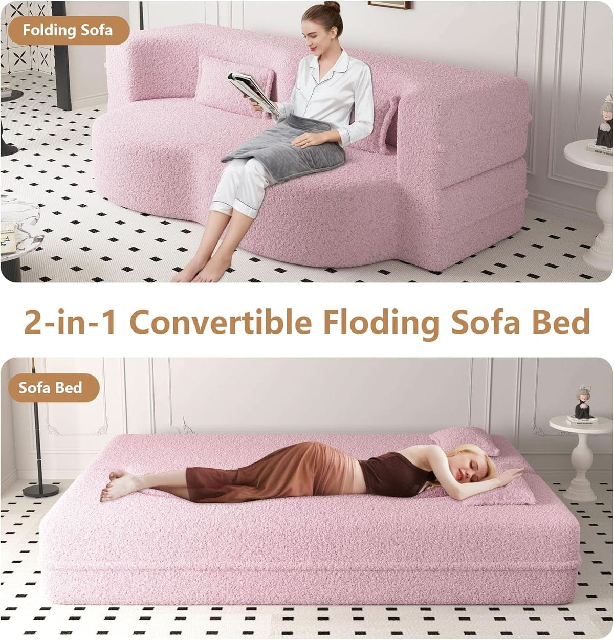 Powder Pink Ultra Comfort Contemporary Foldable Sleeper Sofa