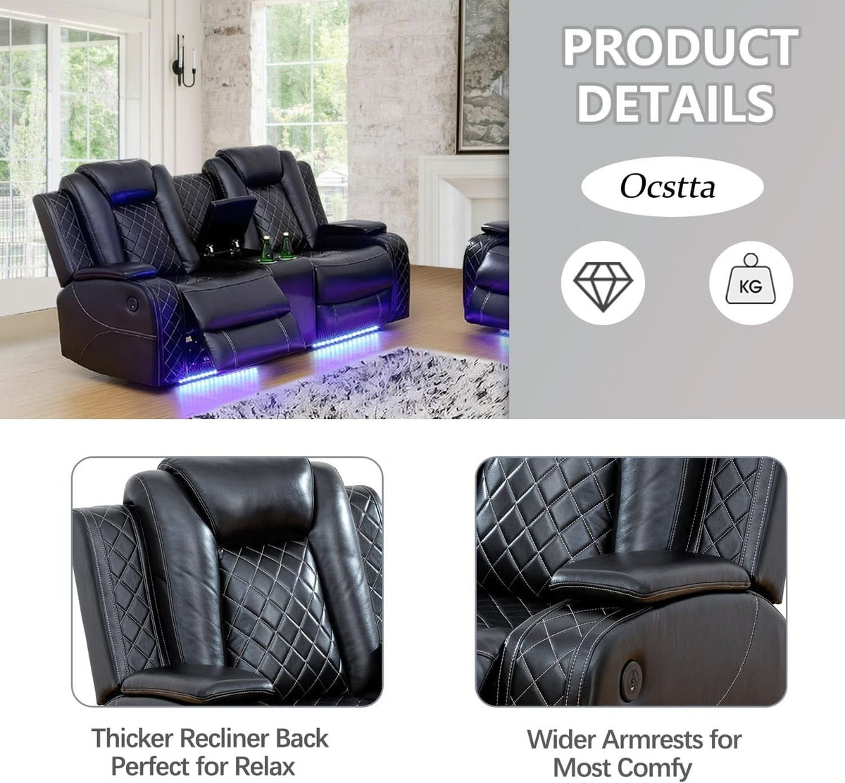 Power Leather Recliner Sofa Set LED Lights USB Ports Black