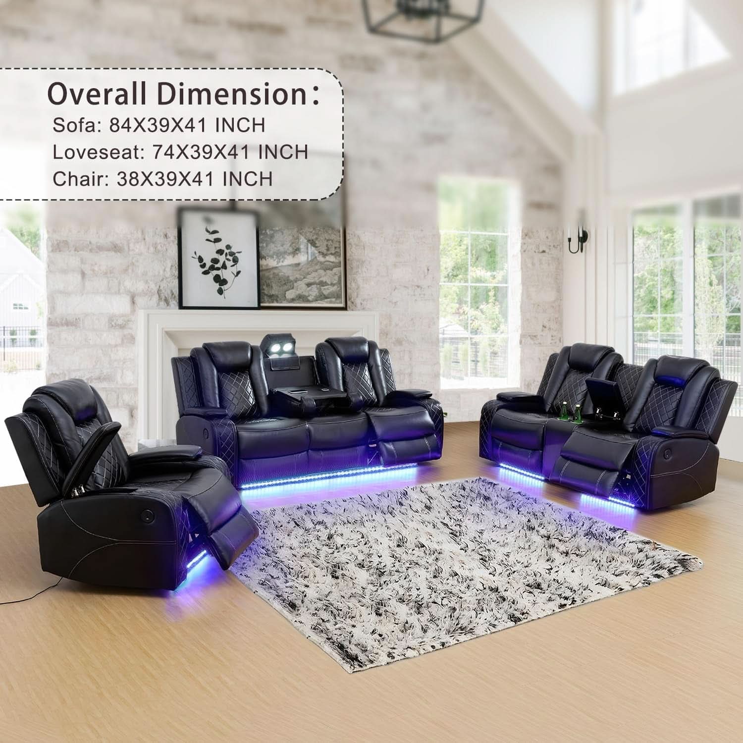 Power Leather Recliner Sofa Set LED Lights USB Ports Black