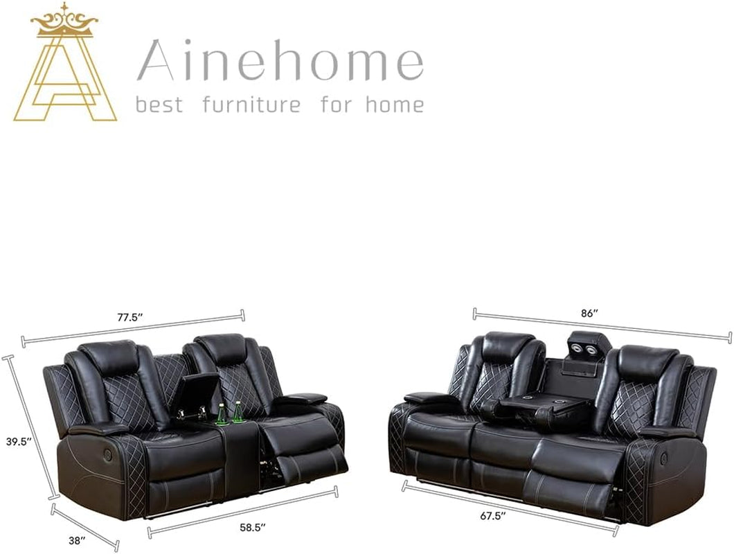 Power Leather Recliner Sofa Set With Led Lights Usb Ports