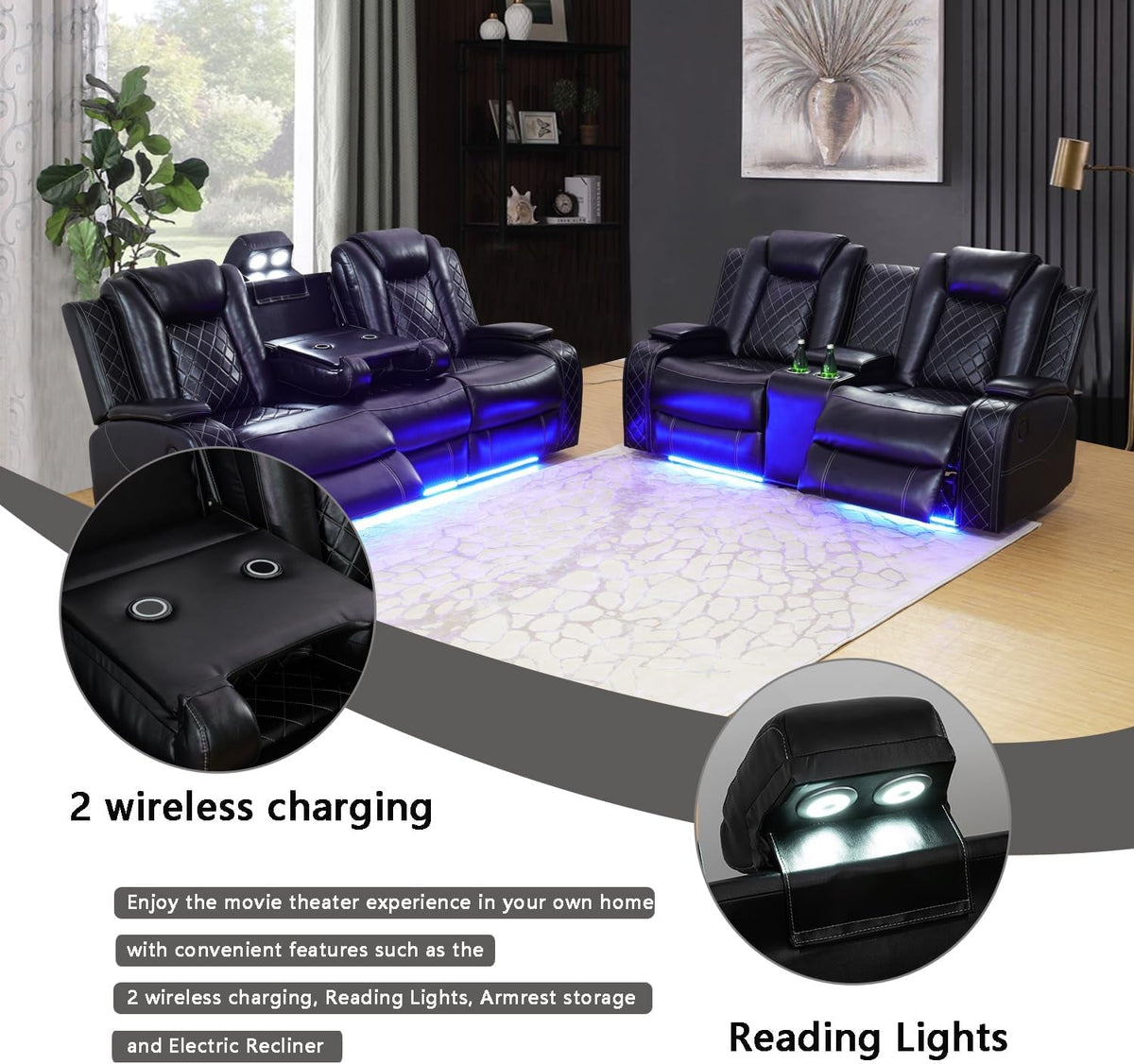 Power Leather Recliner Sofa Set With Led Lights Usb Ports