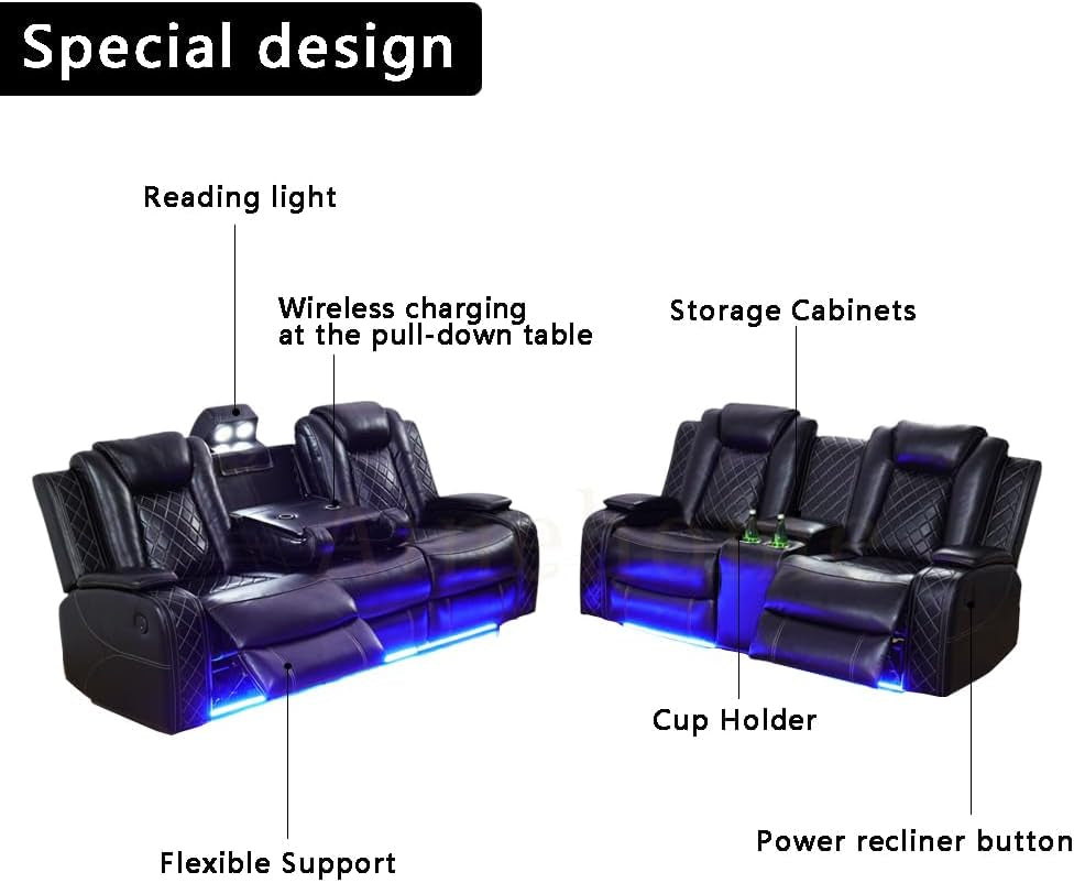 Power Leather Recliner Sofa Set With Led Lights Usb Ports
