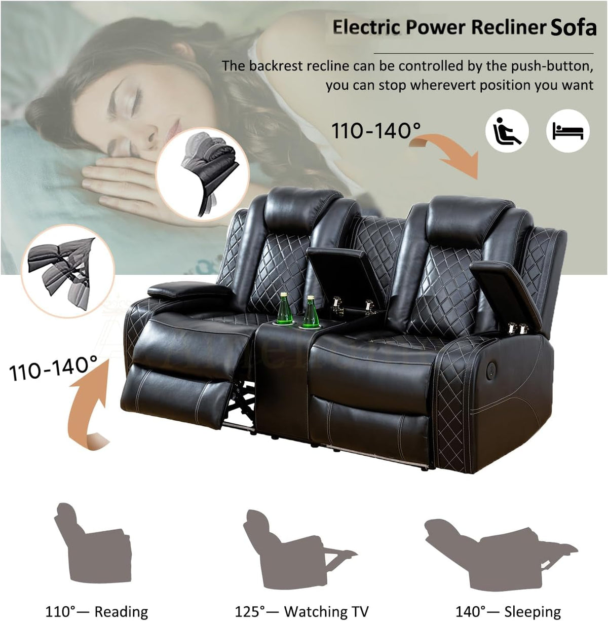 Power Leather Recliner Sofa Set With Led Lights Usb Ports
