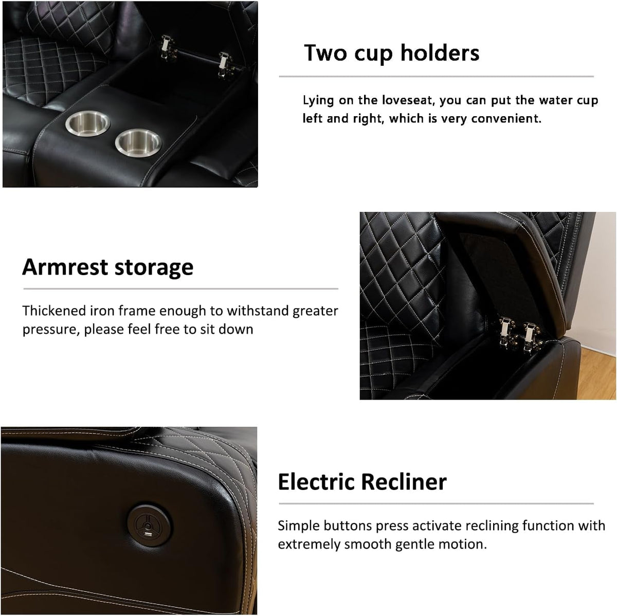 Power Leather Recliner Sofa Set With Led Lights Usb Ports