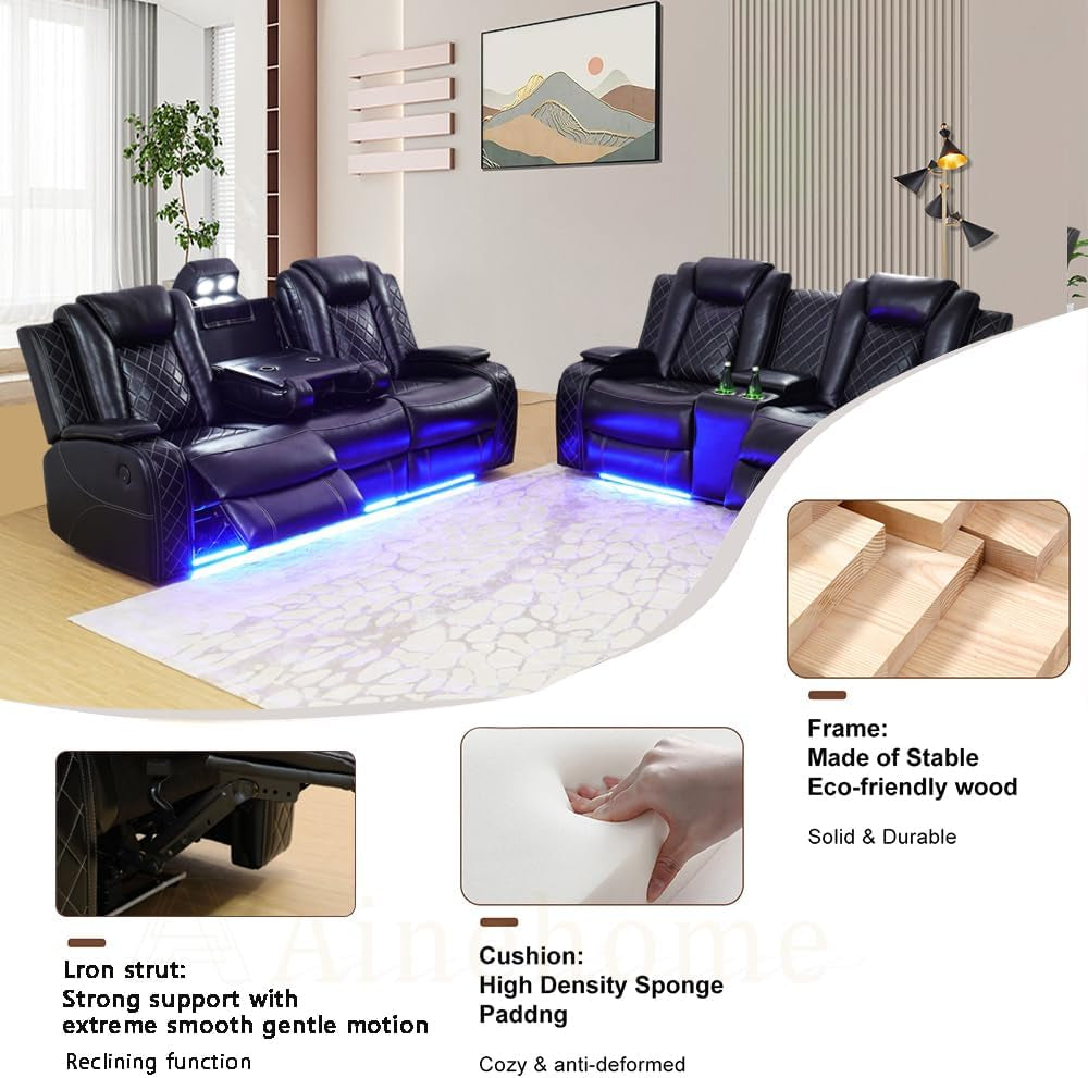 Power Leather Recliner Sofa Set With Led Lights Usb Ports