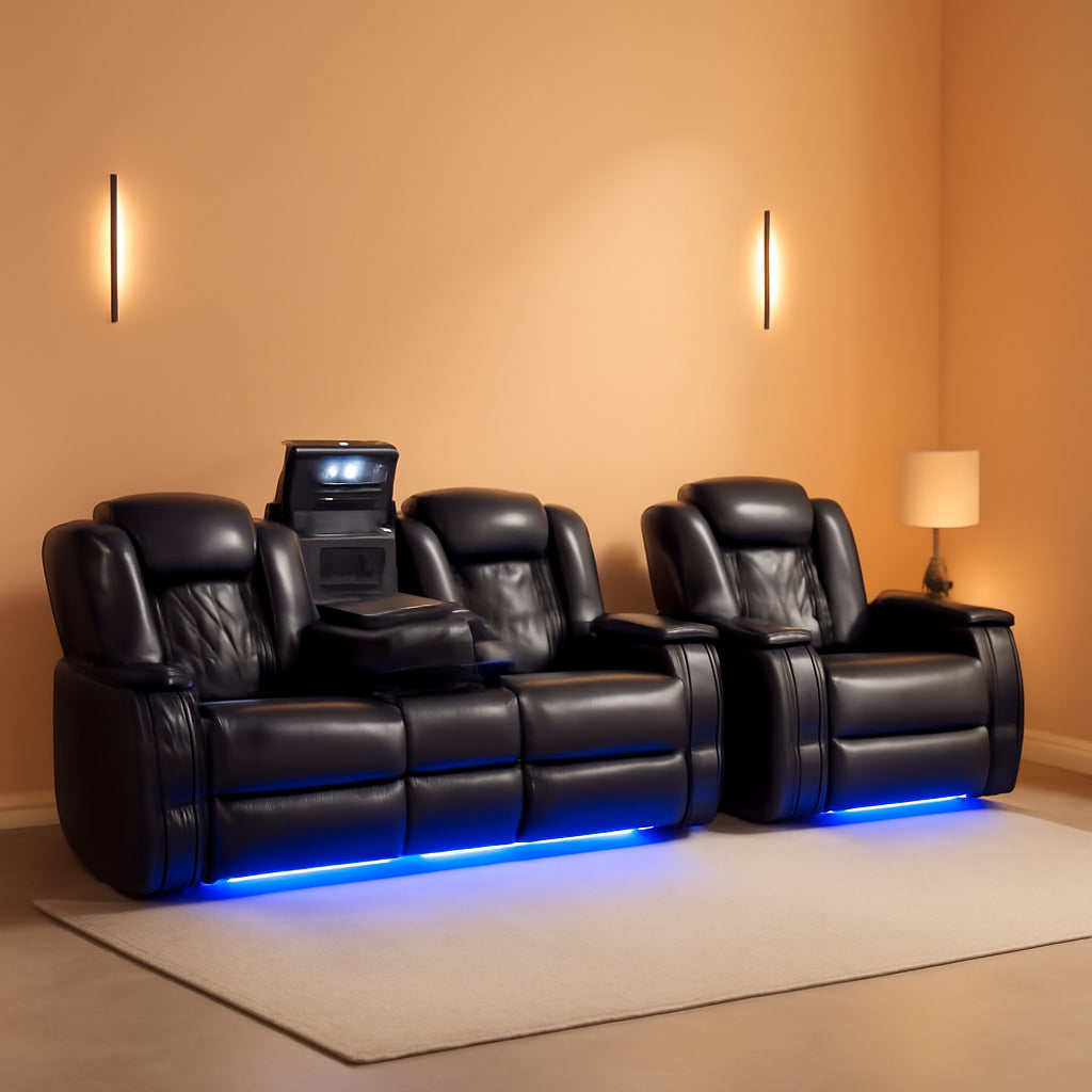 Power Leather Recliner Sofa Set With Led Lights Usb Ports