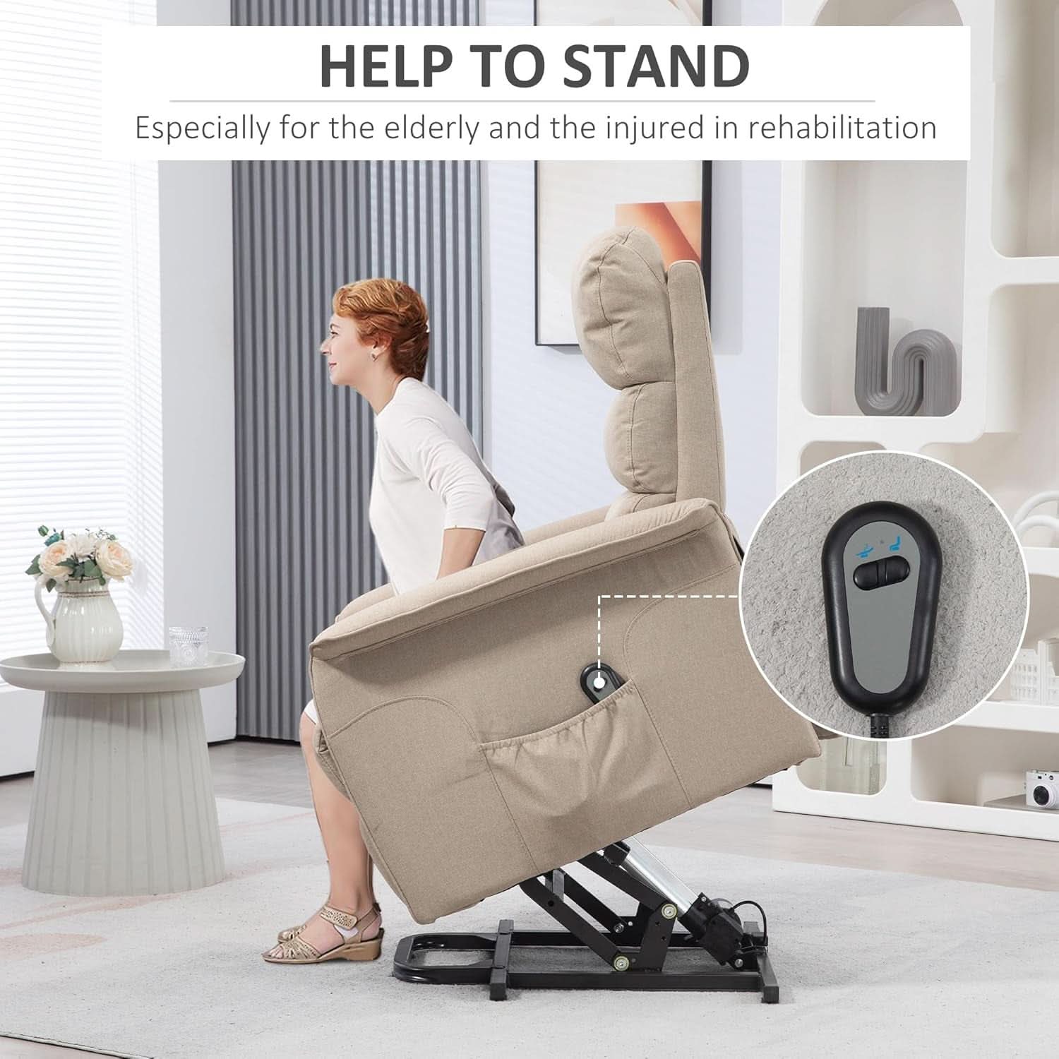 Power Lift Recliner Chair Beige With Remote Control