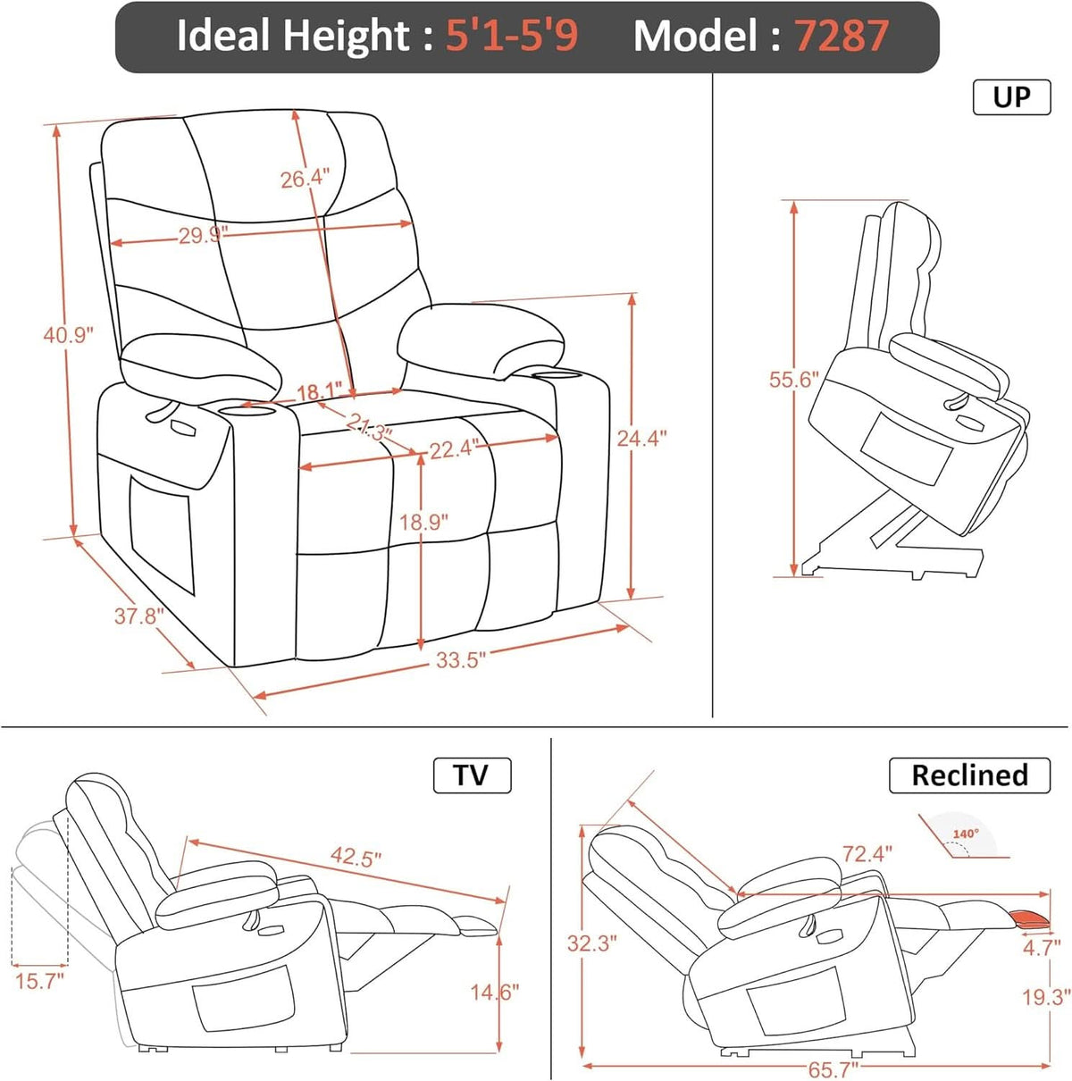 Power Lift Recliner Chair Dark Gray With Extended Footrest