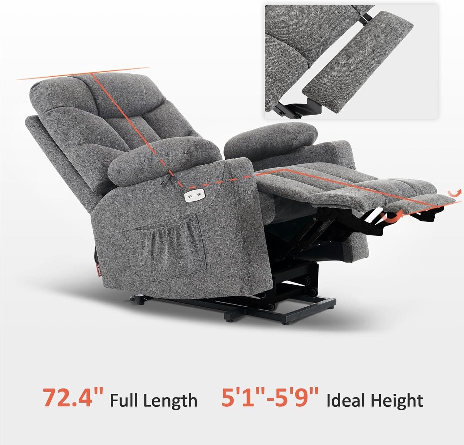 Power Lift Recliner Chair Dark Gray With Extended Footrest