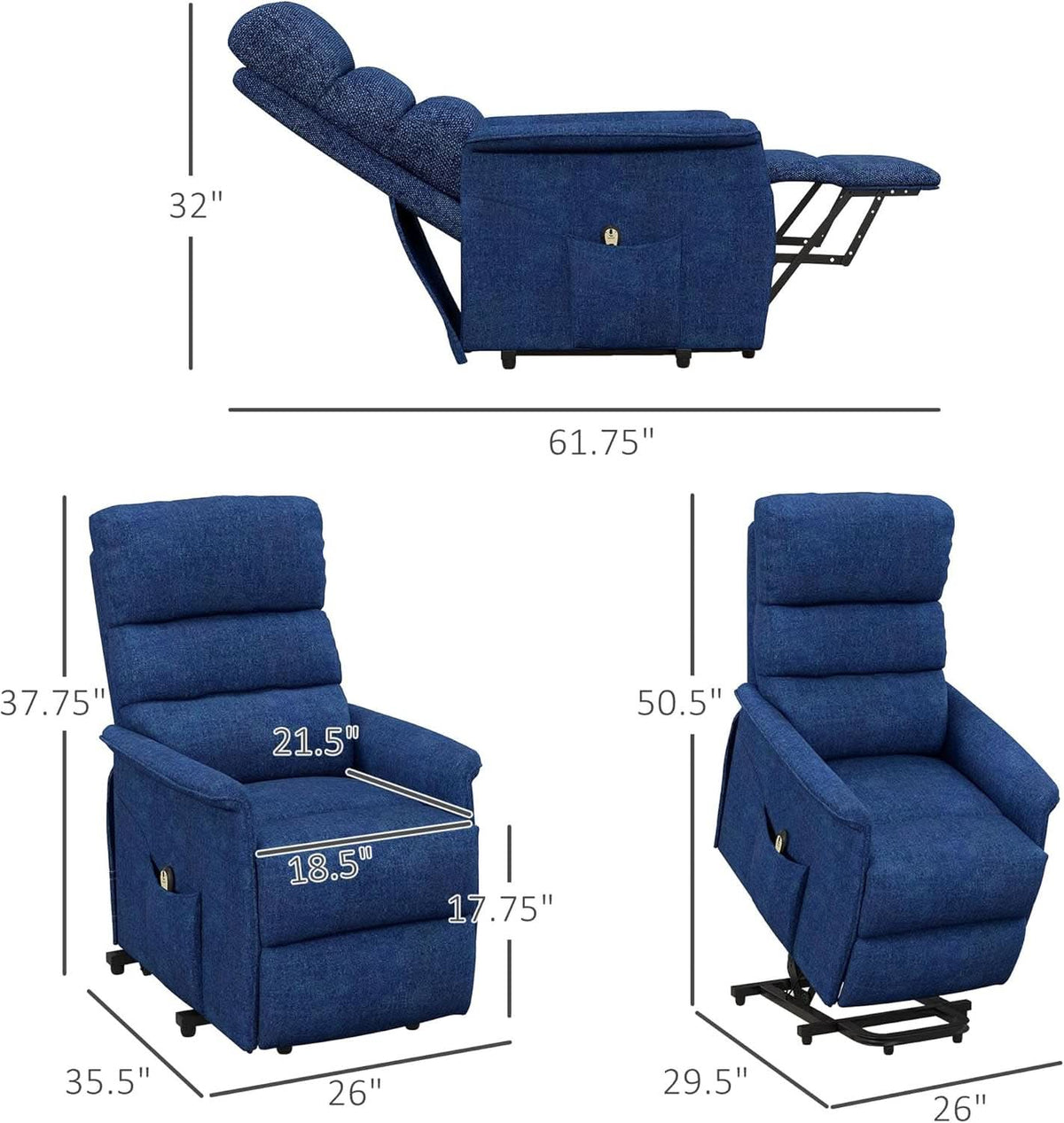 Power Lift Recliner Chair In Dark Blue Fabric Easy Assembly