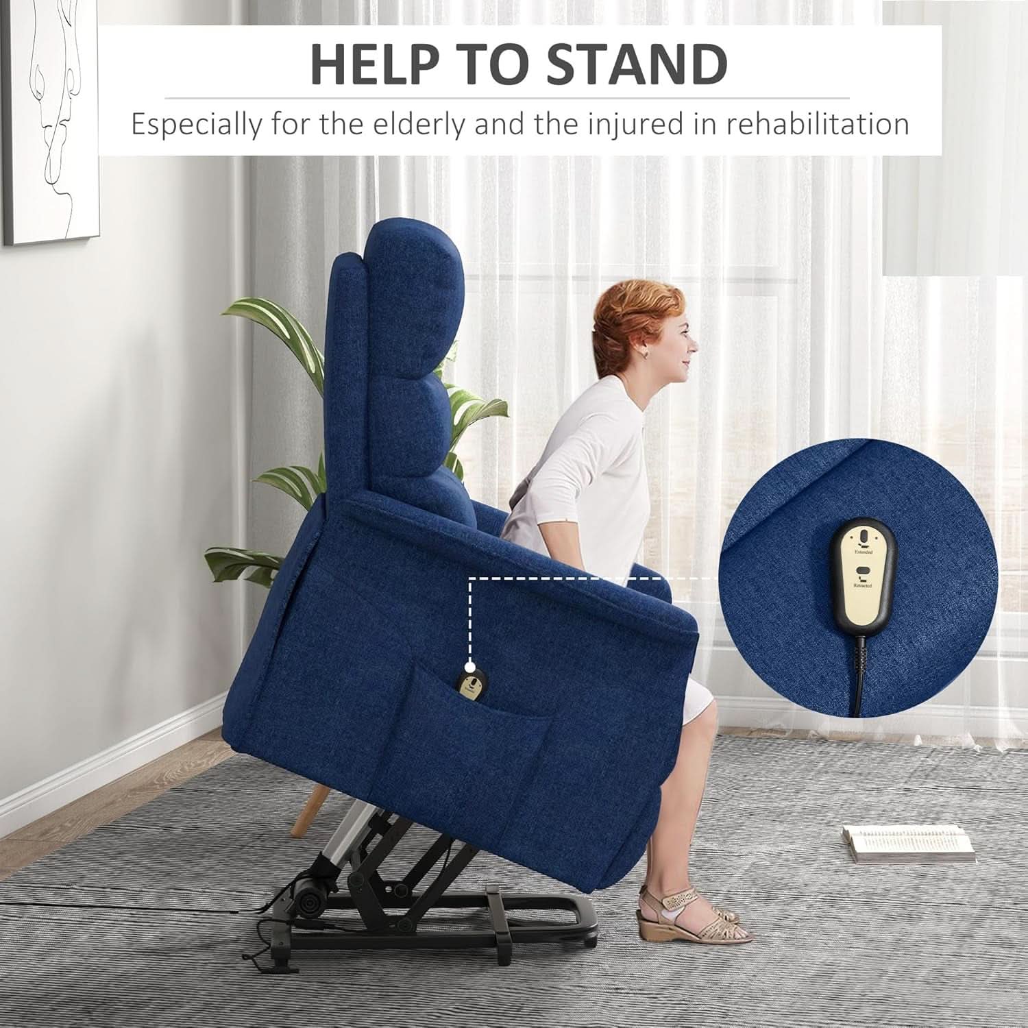 Power Lift Recliner Chair In Dark Blue Fabric Easy Assembly