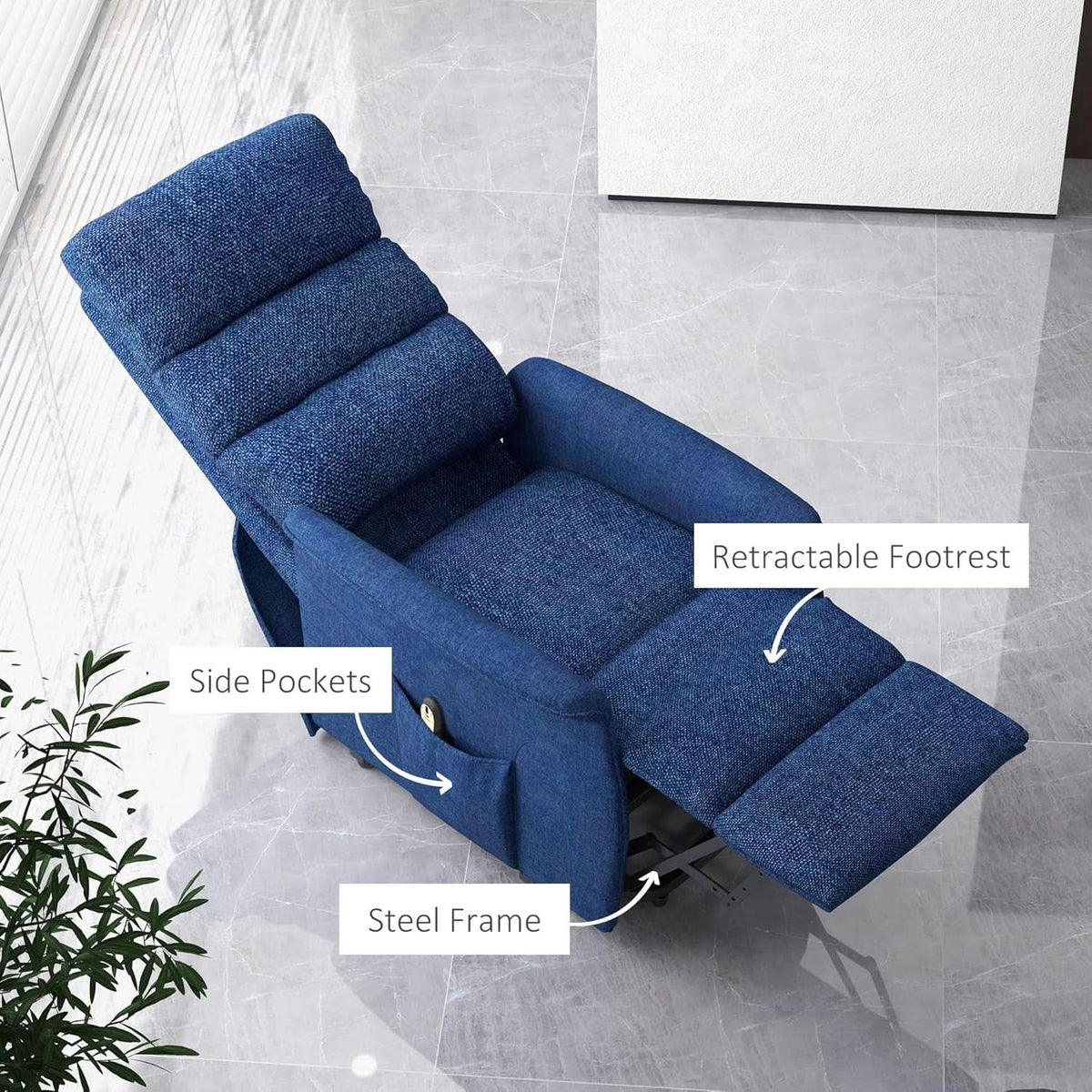 Power Lift Recliner Chair In Dark Blue Fabric Easy Assembly