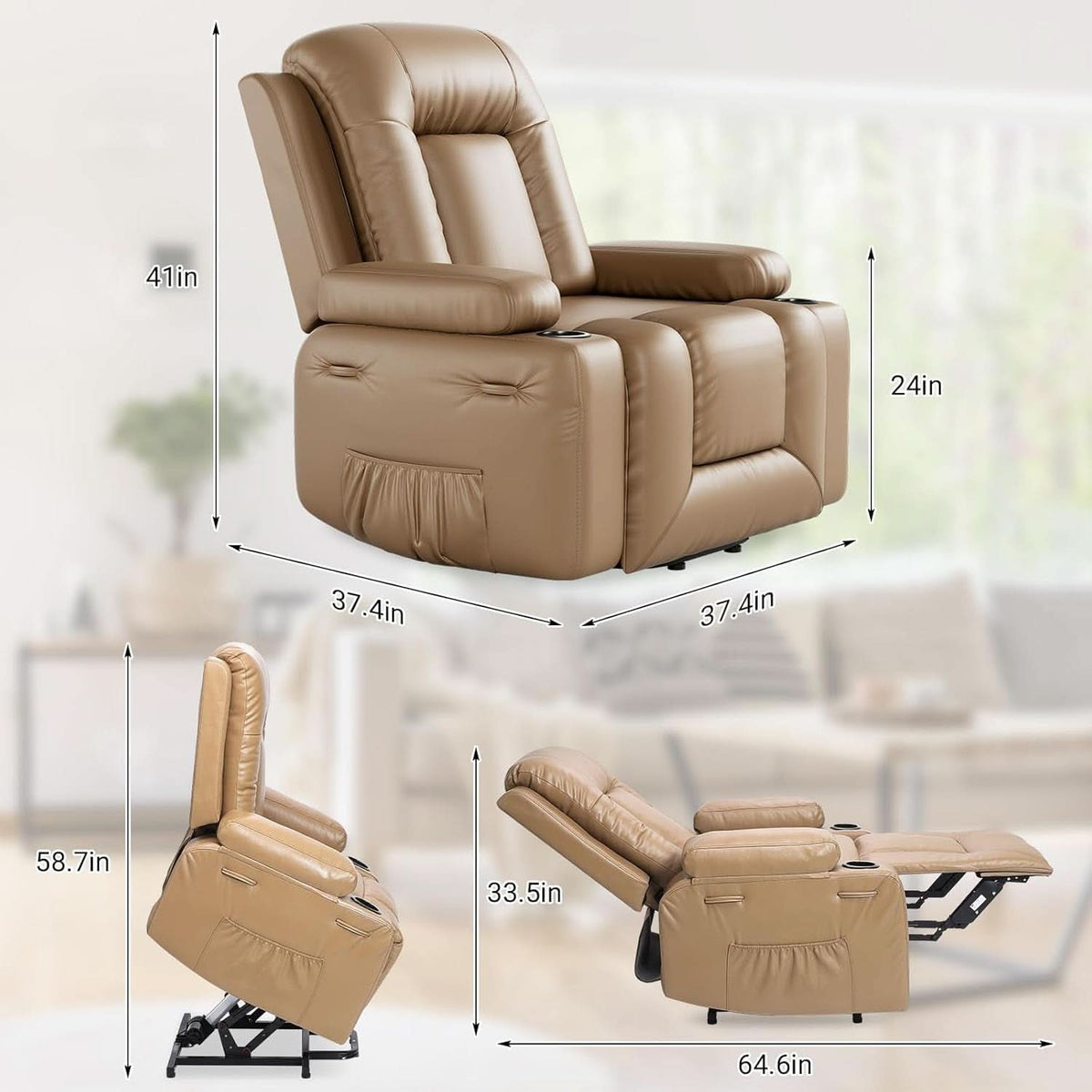 Power Lift Recliner Chair Leather Massage Earthy Yellow