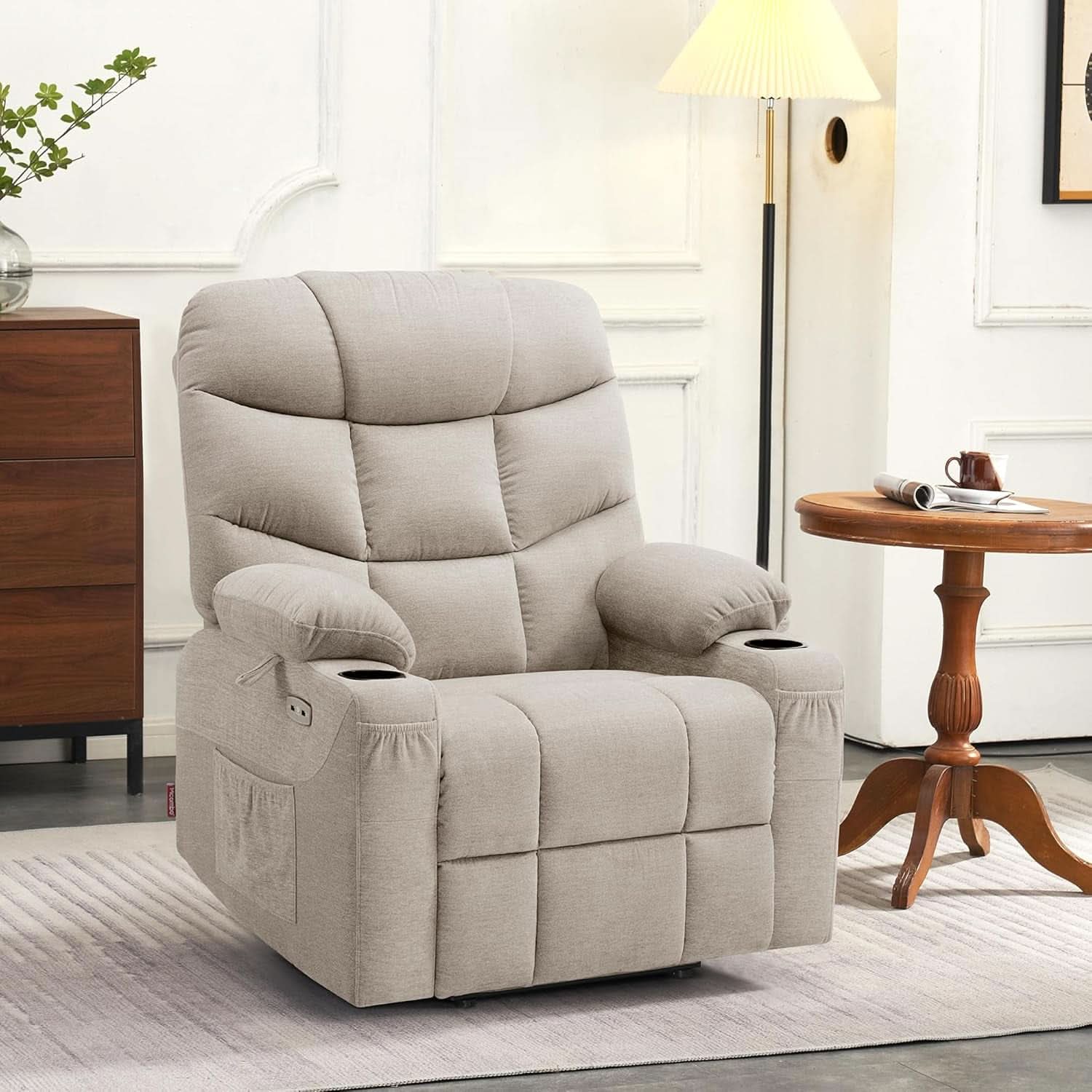 Power Lift Recliner Chair With Extended Footrest Oatmeal Fabric