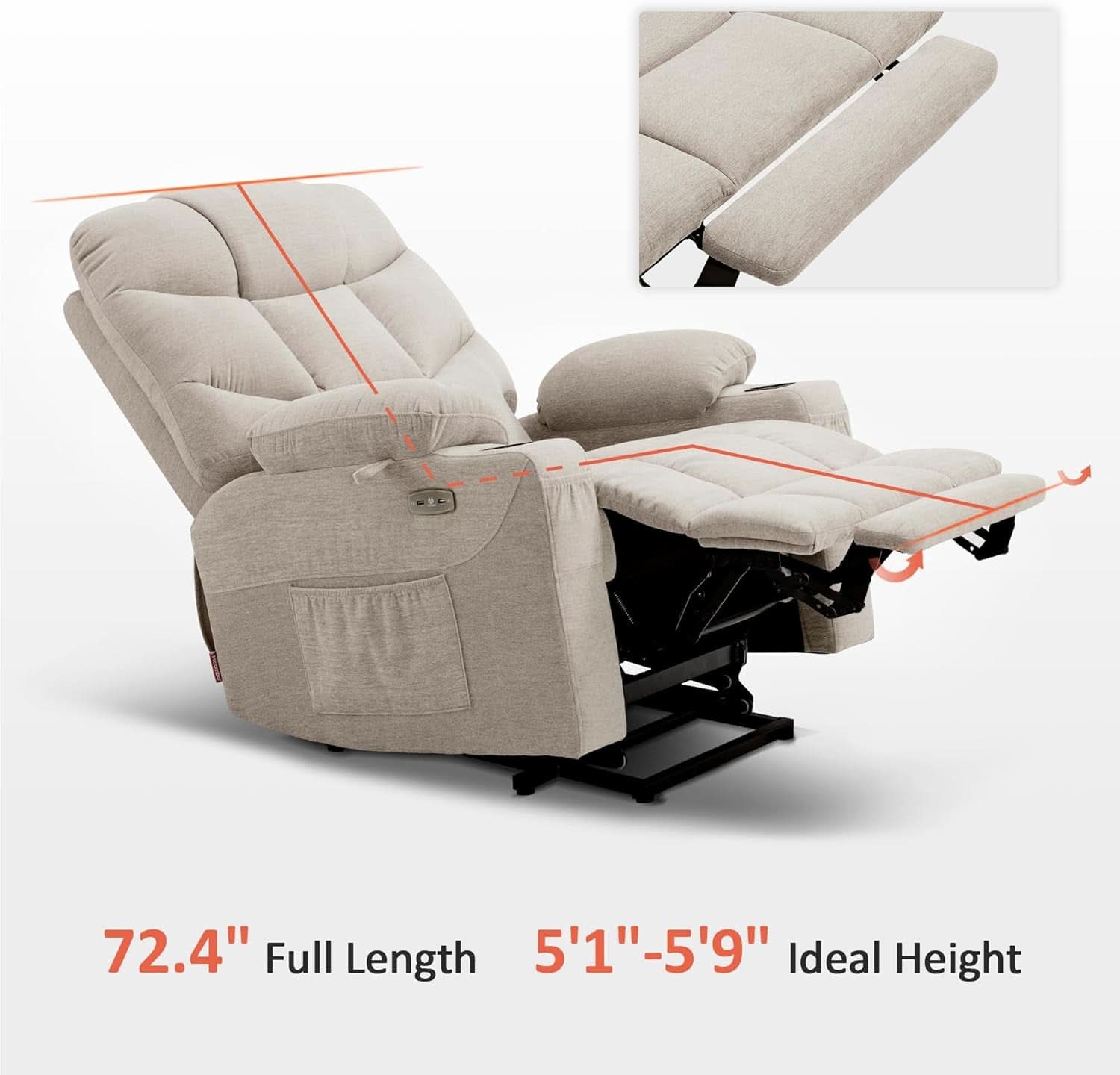 Power Lift Recliner Chair With Extended Footrest Oatmeal Fabric