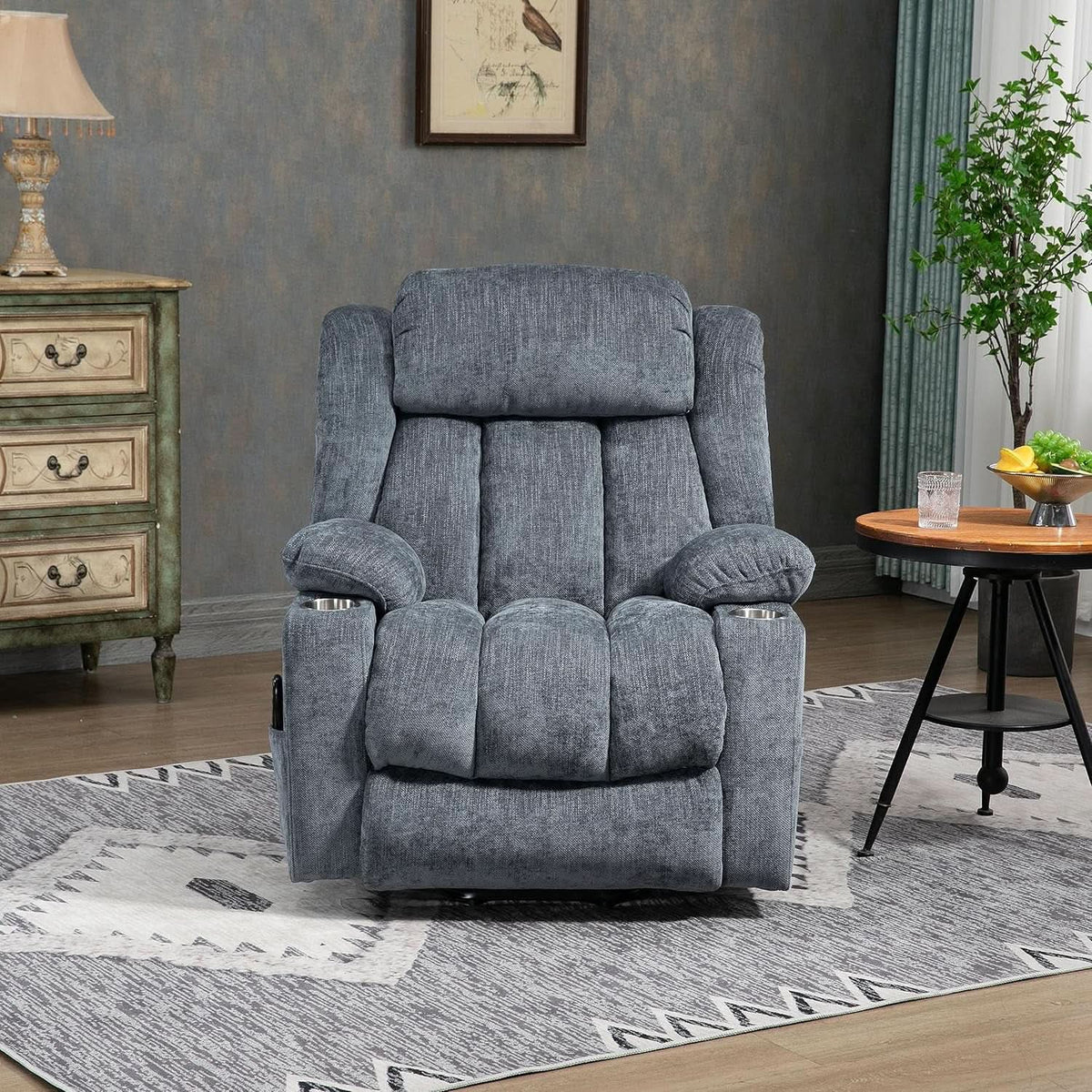 Power Lift Recliner Chair With Full Body Massage And Heat In Elegant Blue Chenille Fabric