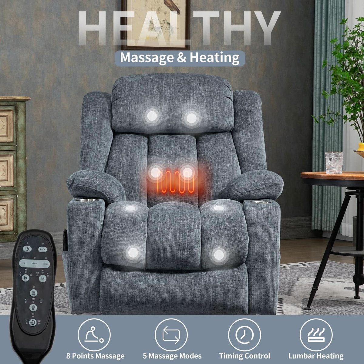 Power Lift Recliner Chair With Full Body Massage And Heat In Elegant Blue Chenille Fabric