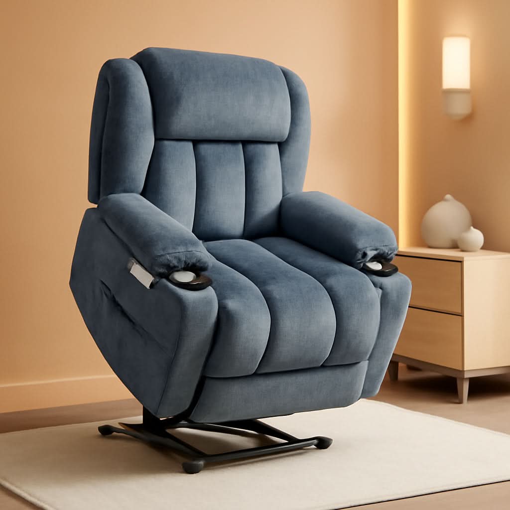 Power Lift Recliner Chair With Full Body Massage And Heat In Elegant Blue Chenille Fabric