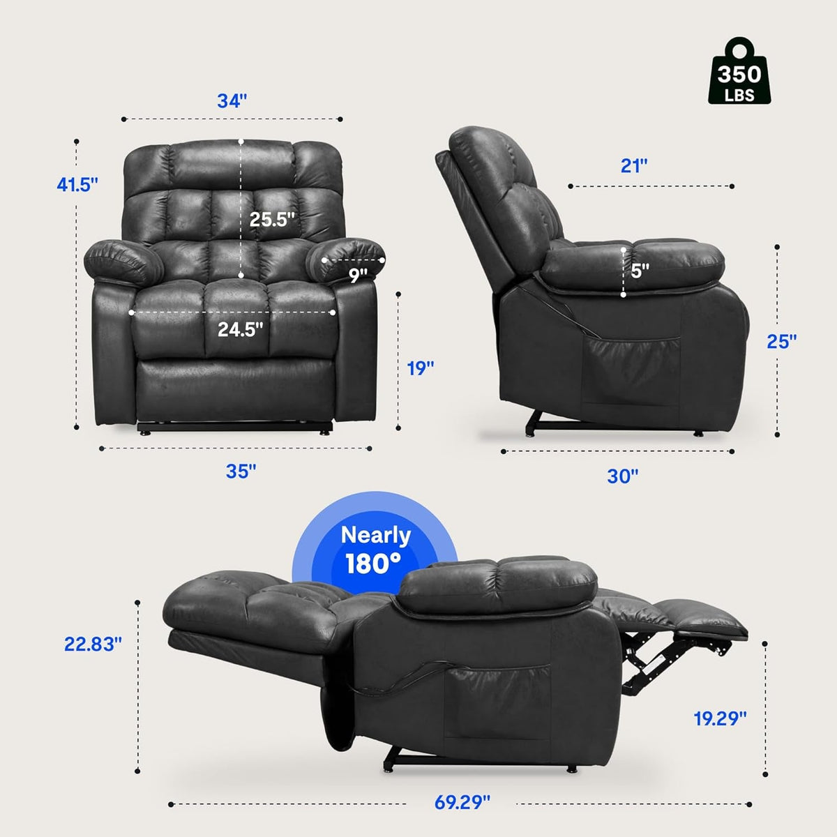Power Lift Recliner Chair With Massage And Heat Black