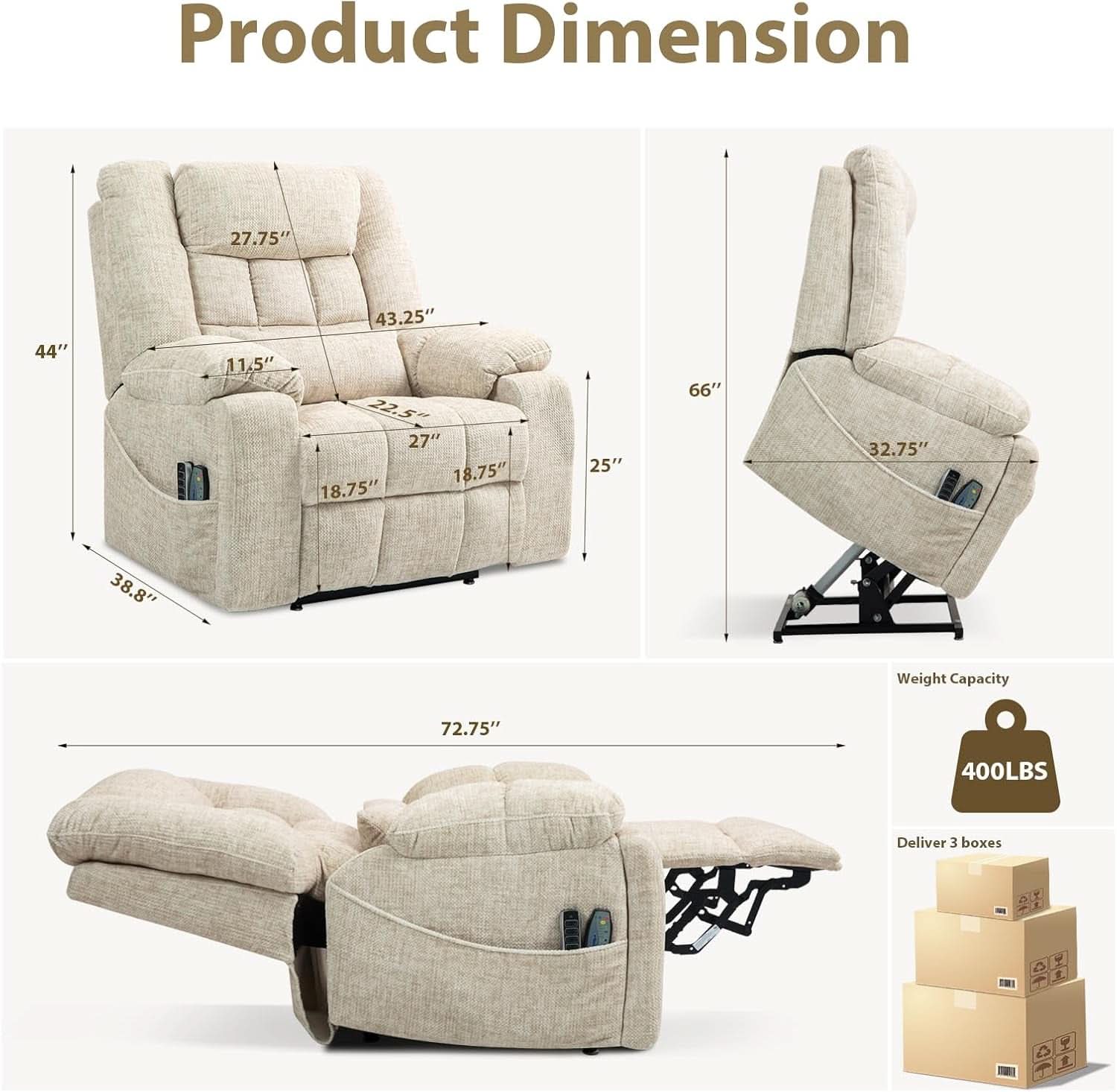 Power Lift Recliner Chair With Massage And Heat Cream White