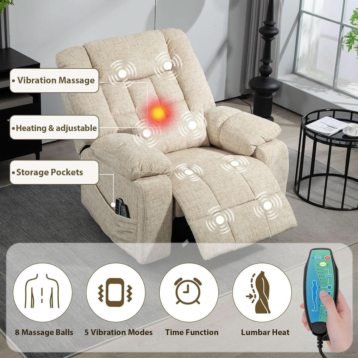 Power Lift Recliner Chair With Massage And Heat Cream White