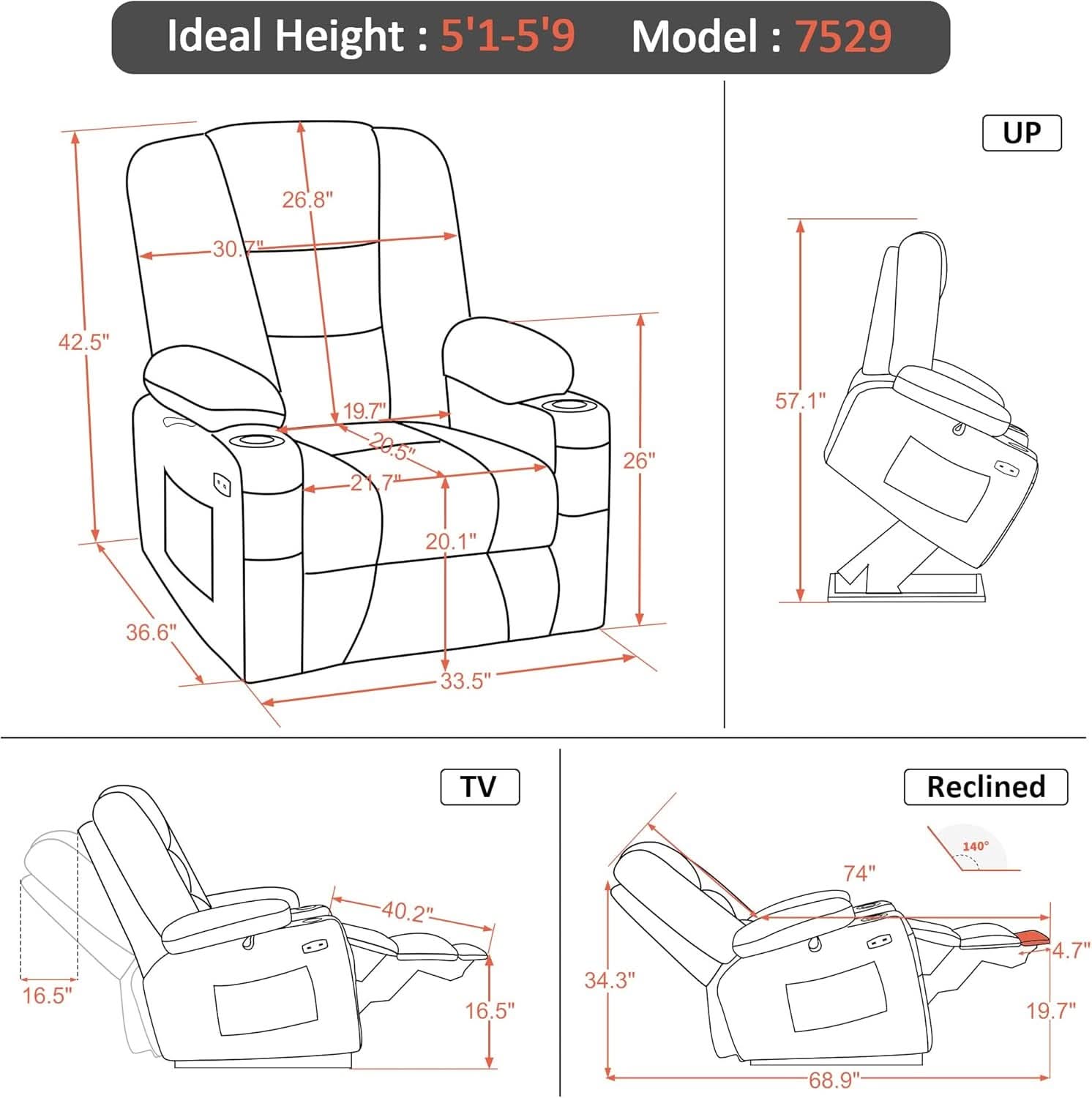 Power Lift Recliner Chair With Massage And Heat Gray