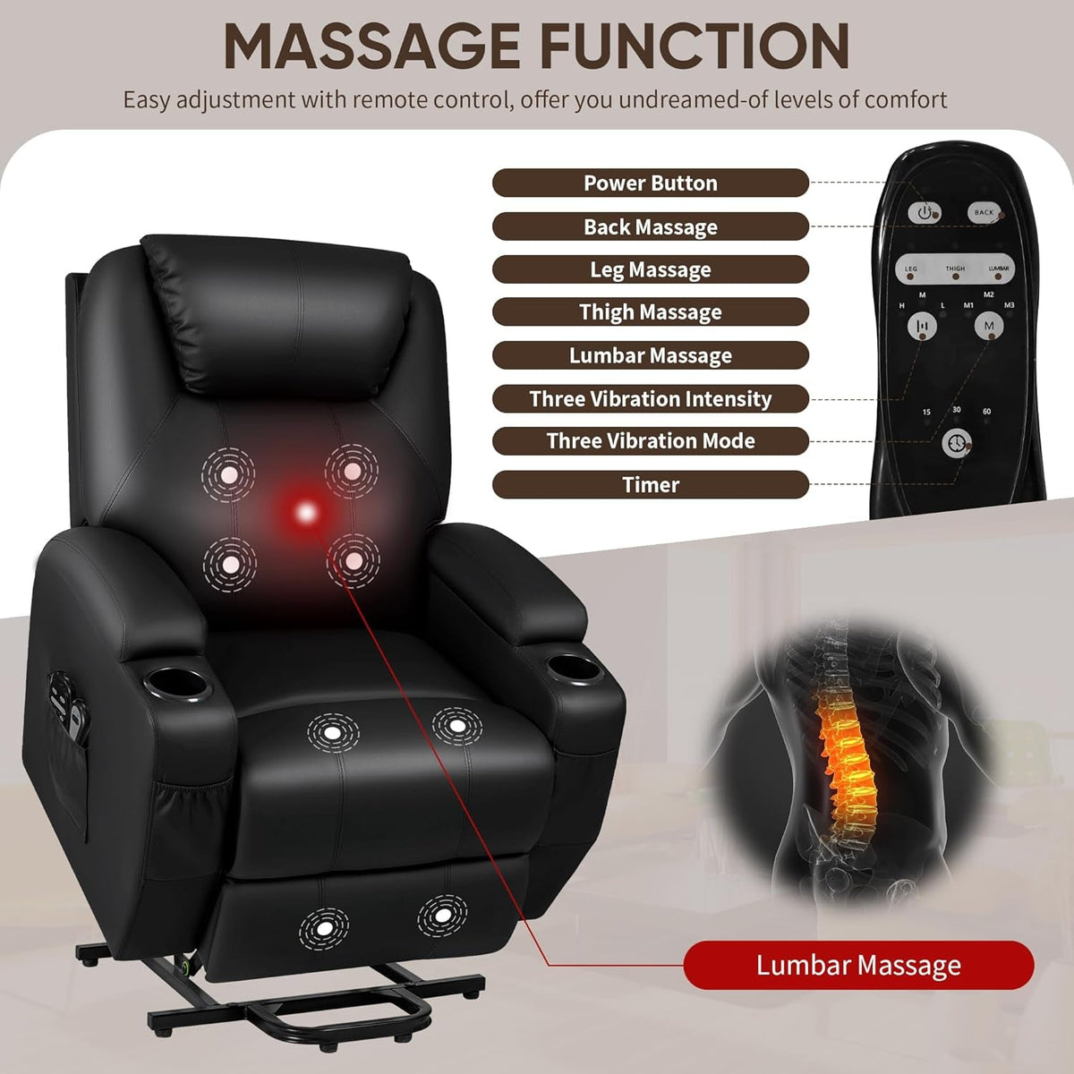 Power Lift Recliner Chair With Massage Black Classic
