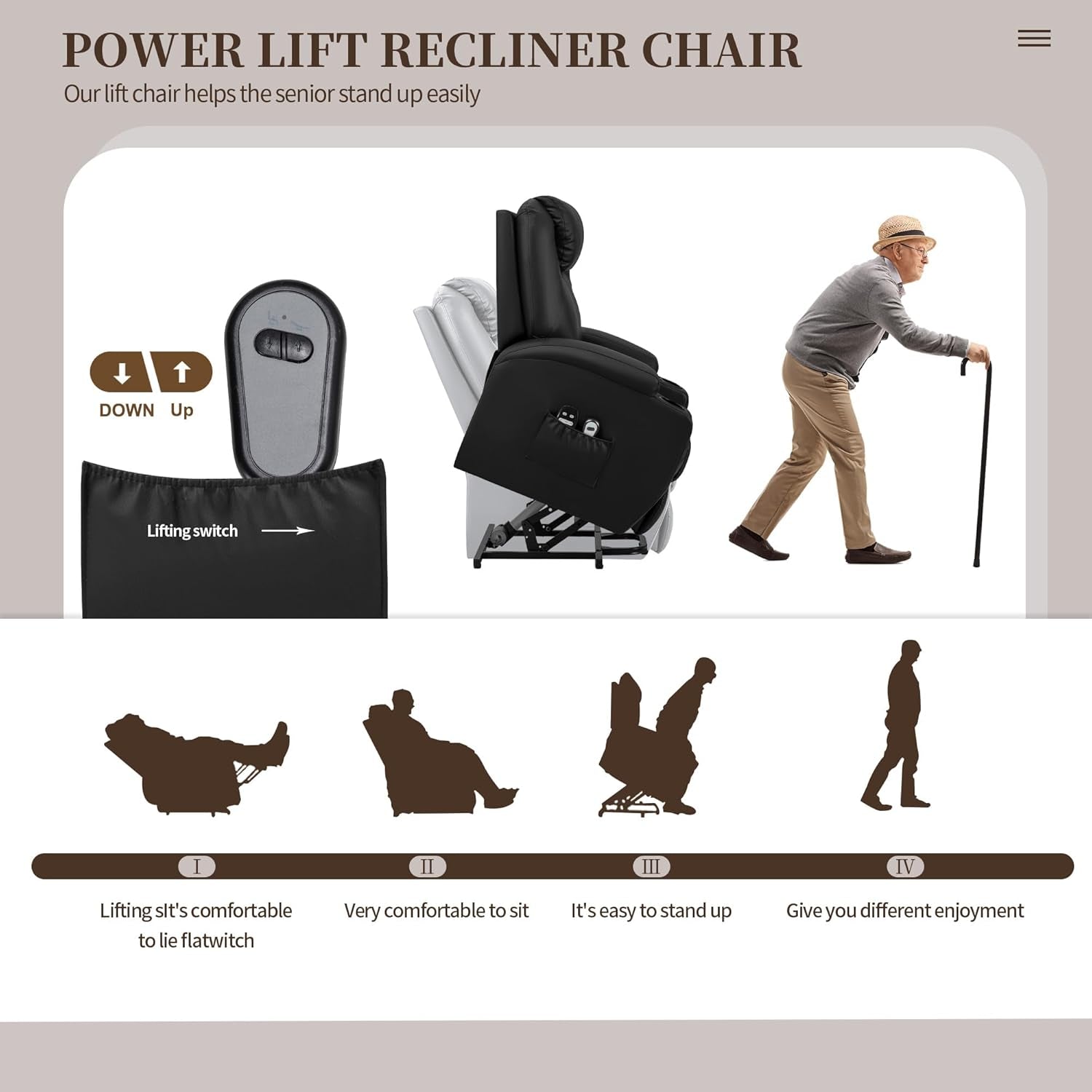 Power Lift Recliner Chair With Massage Black Classic