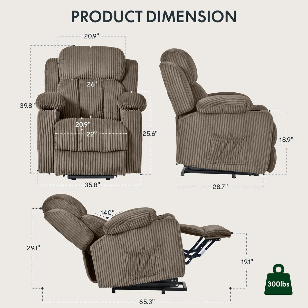 Power Lift Recliner Chair With Massage Khaki Fabric