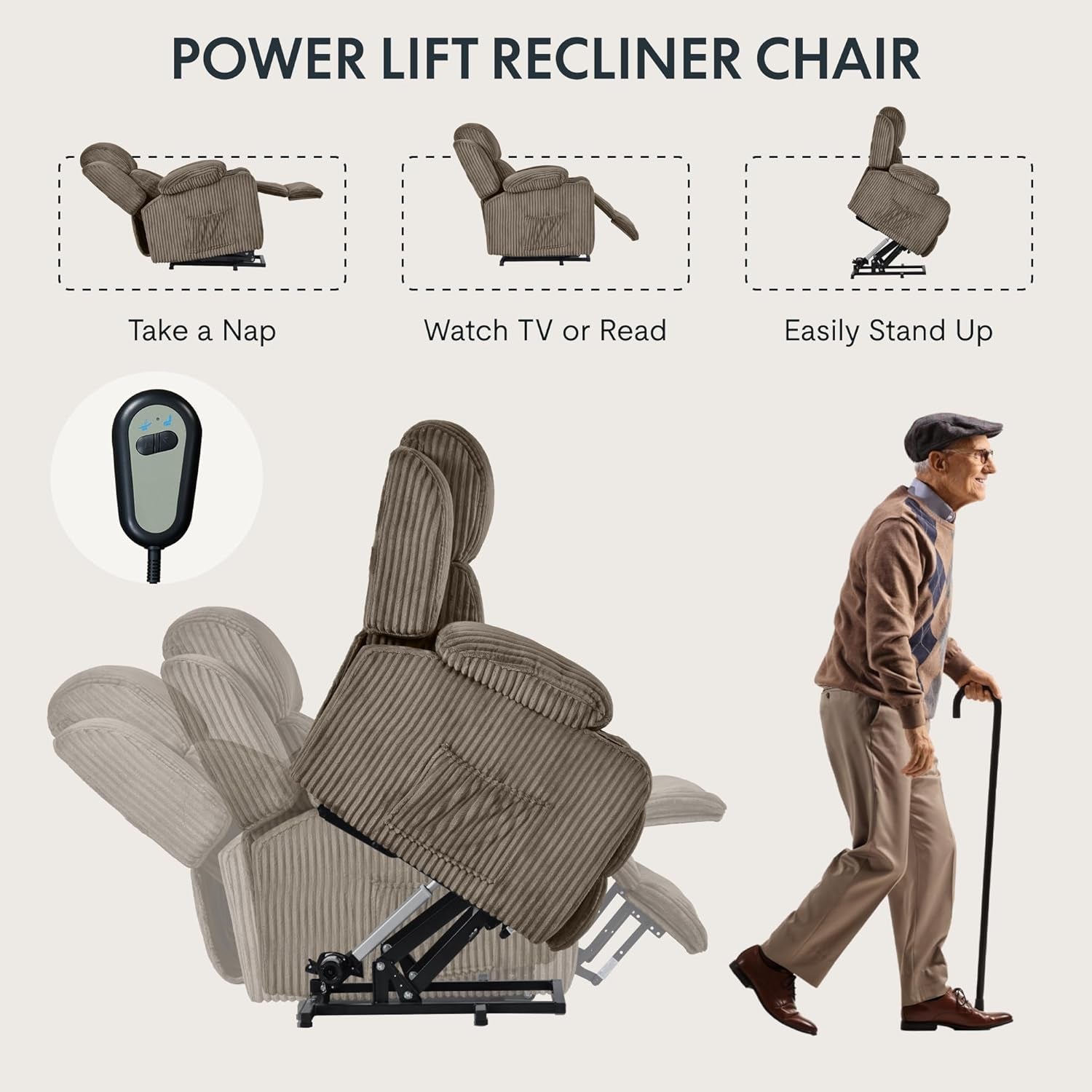 Power Lift Recliner Chair With Massage Khaki Fabric