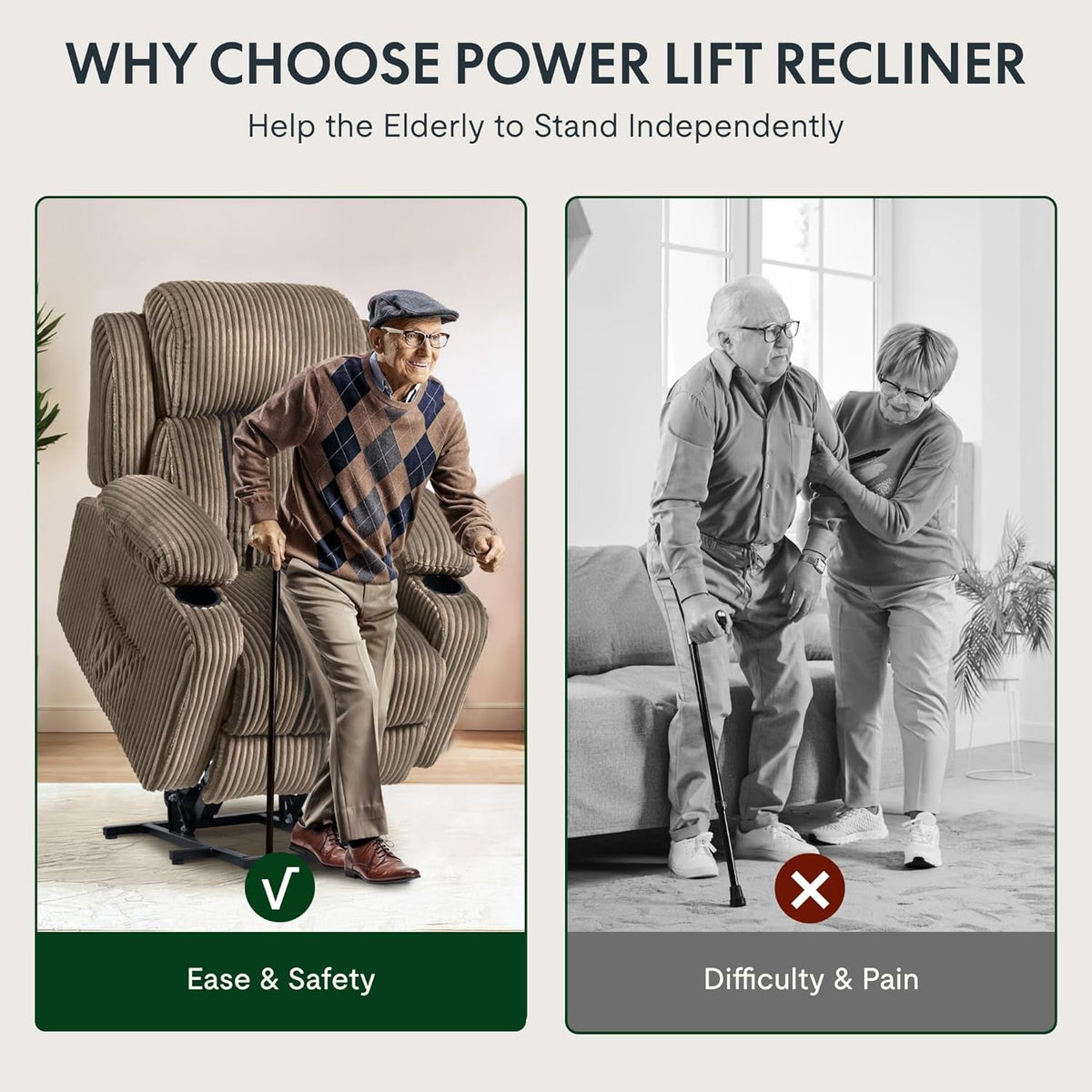 Power Lift Recliner Chair With Massage Khaki Fabric