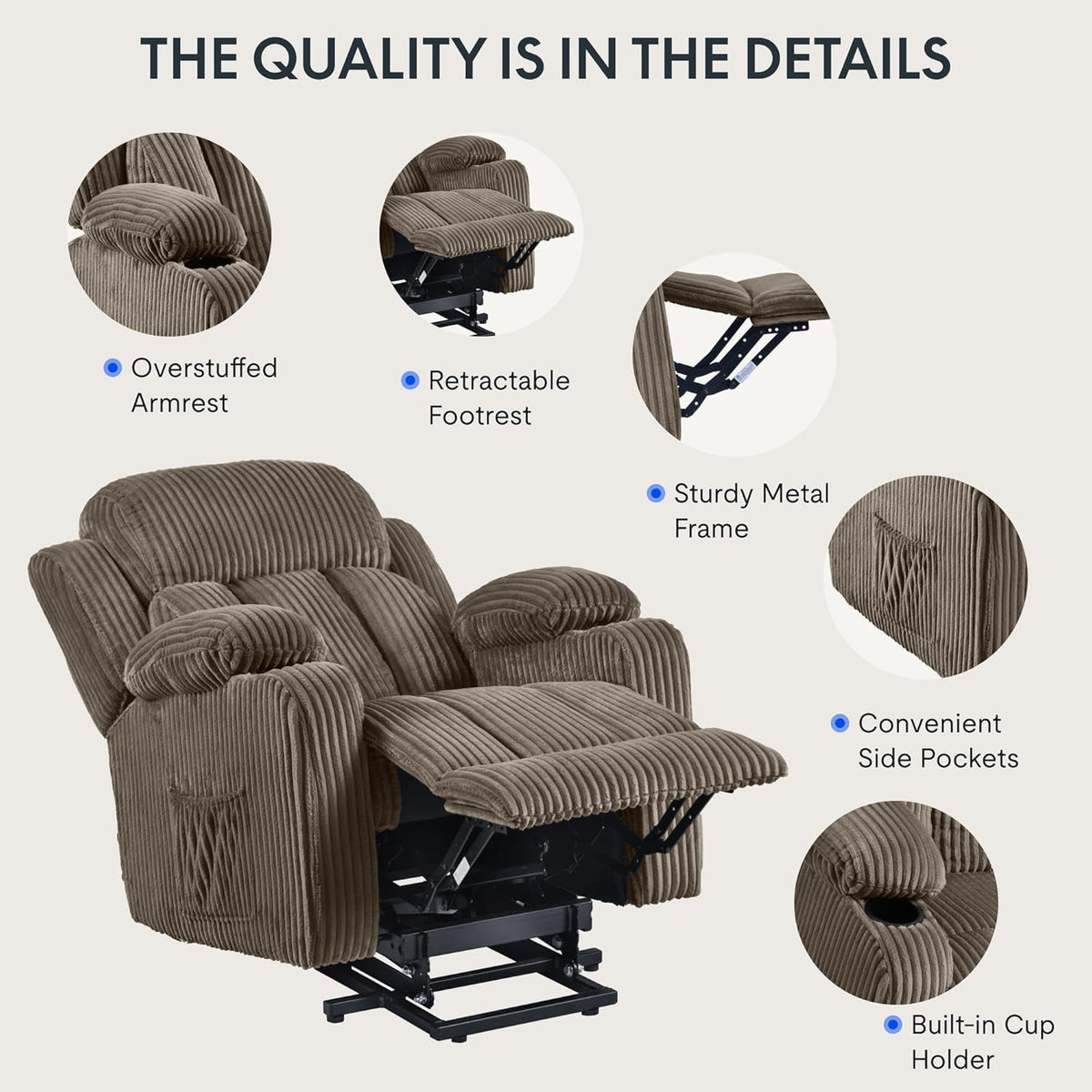 Power Lift Recliner Chair With Massage Khaki Fabric