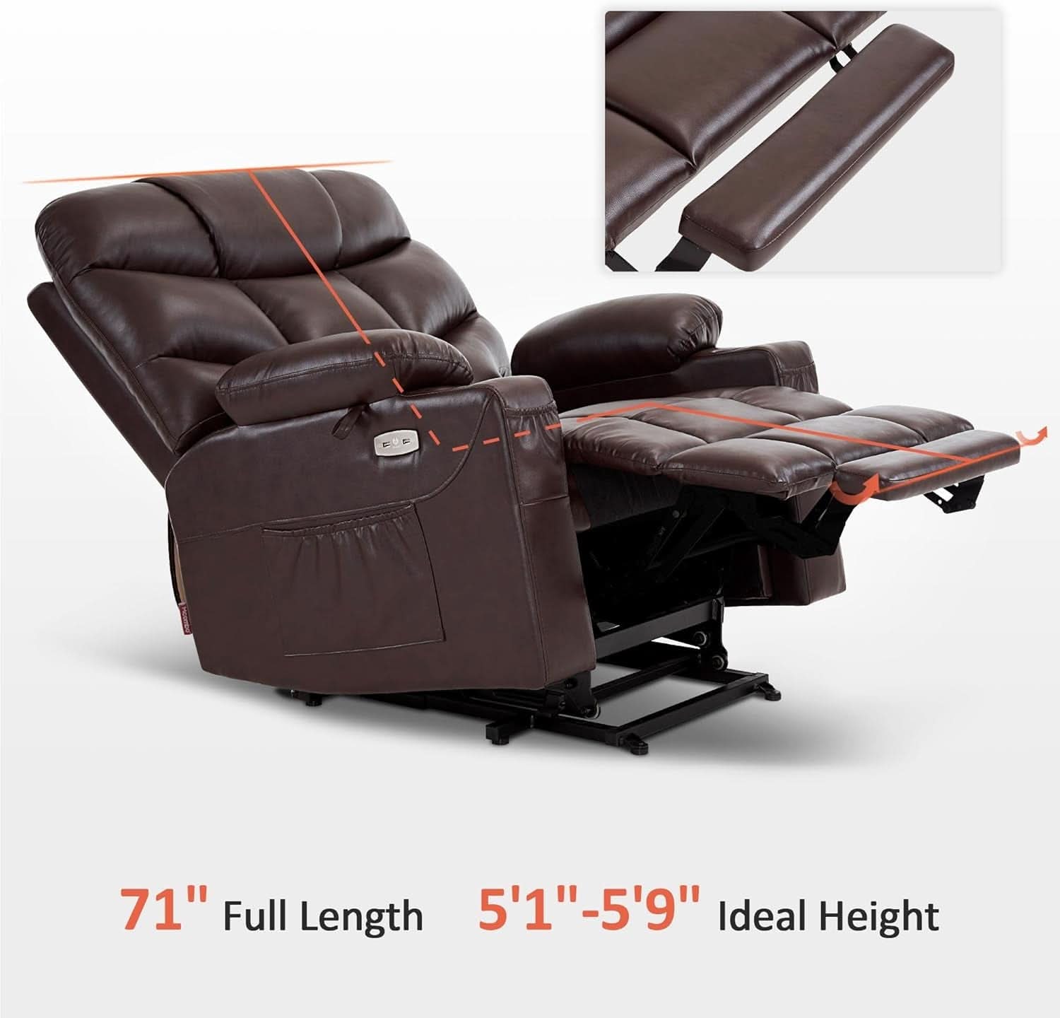 Power Lift Recliner Dark Brown Extended Footrest Chair