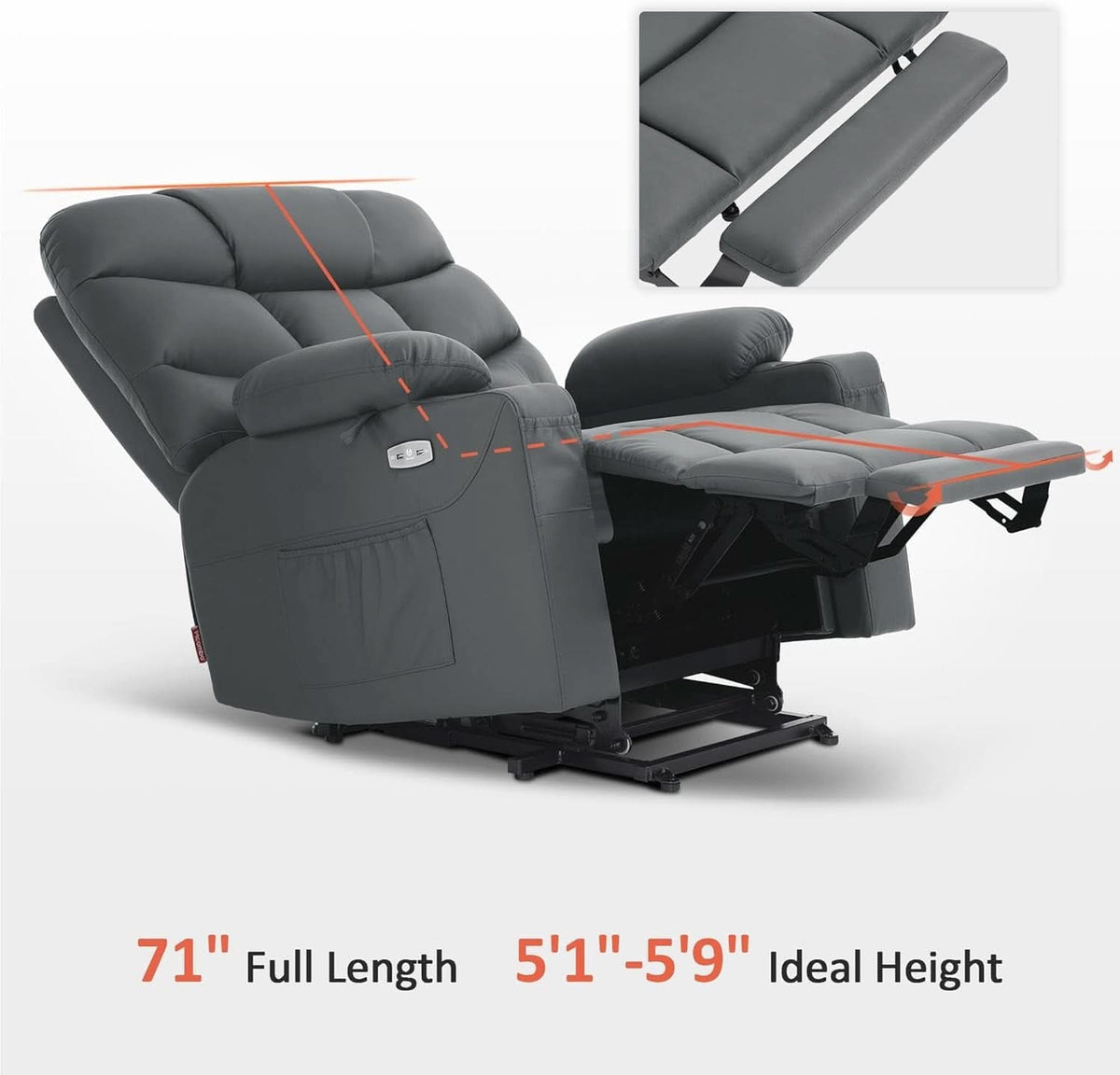 Power Lift Recliner With Extended Footrest Dark Grey