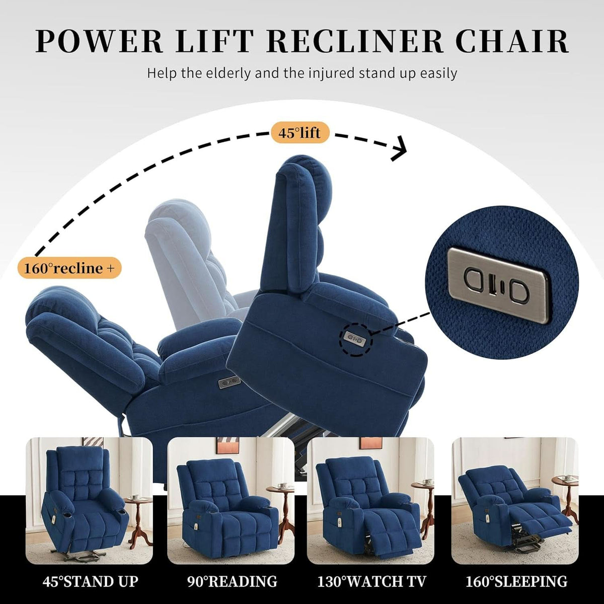 Power Lift Recliner With Heat And Massage Blue Upholstery