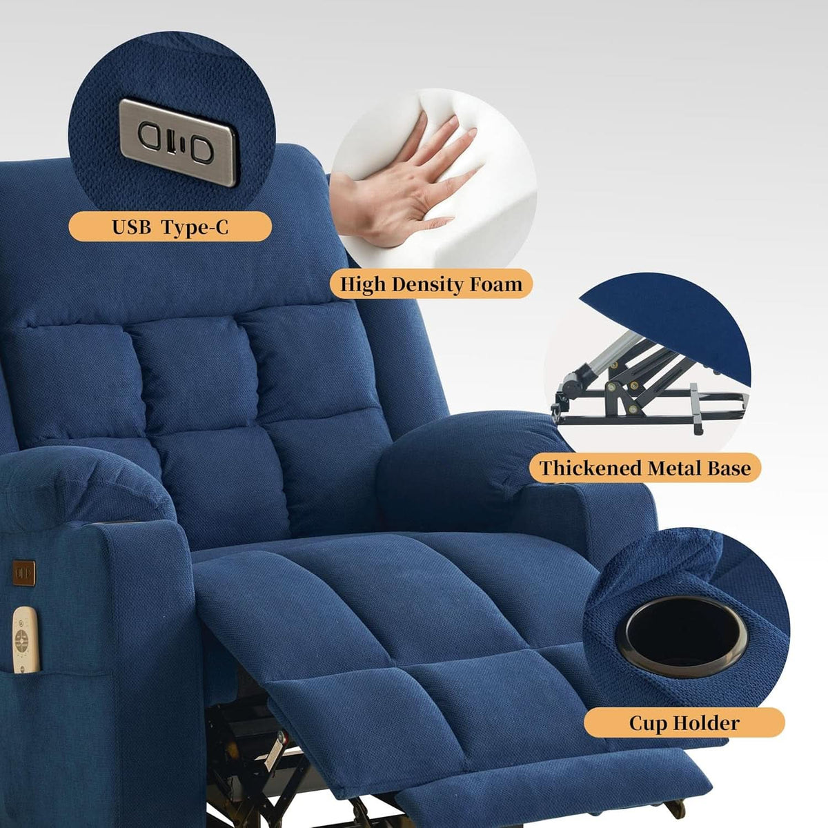 Power Lift Recliner With Heat And Massage Blue Upholstery