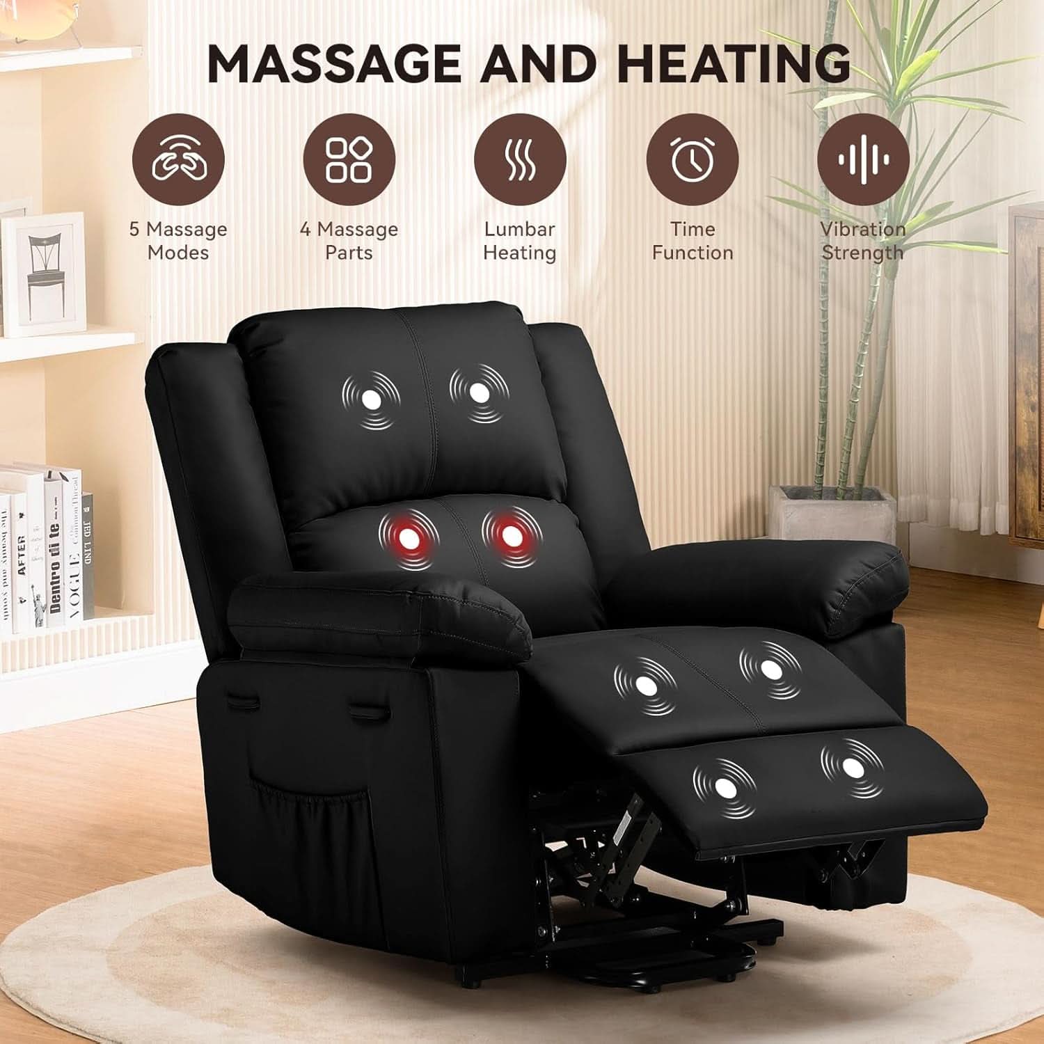 Power Lift Recliner With Heat Massage For Elderly Black