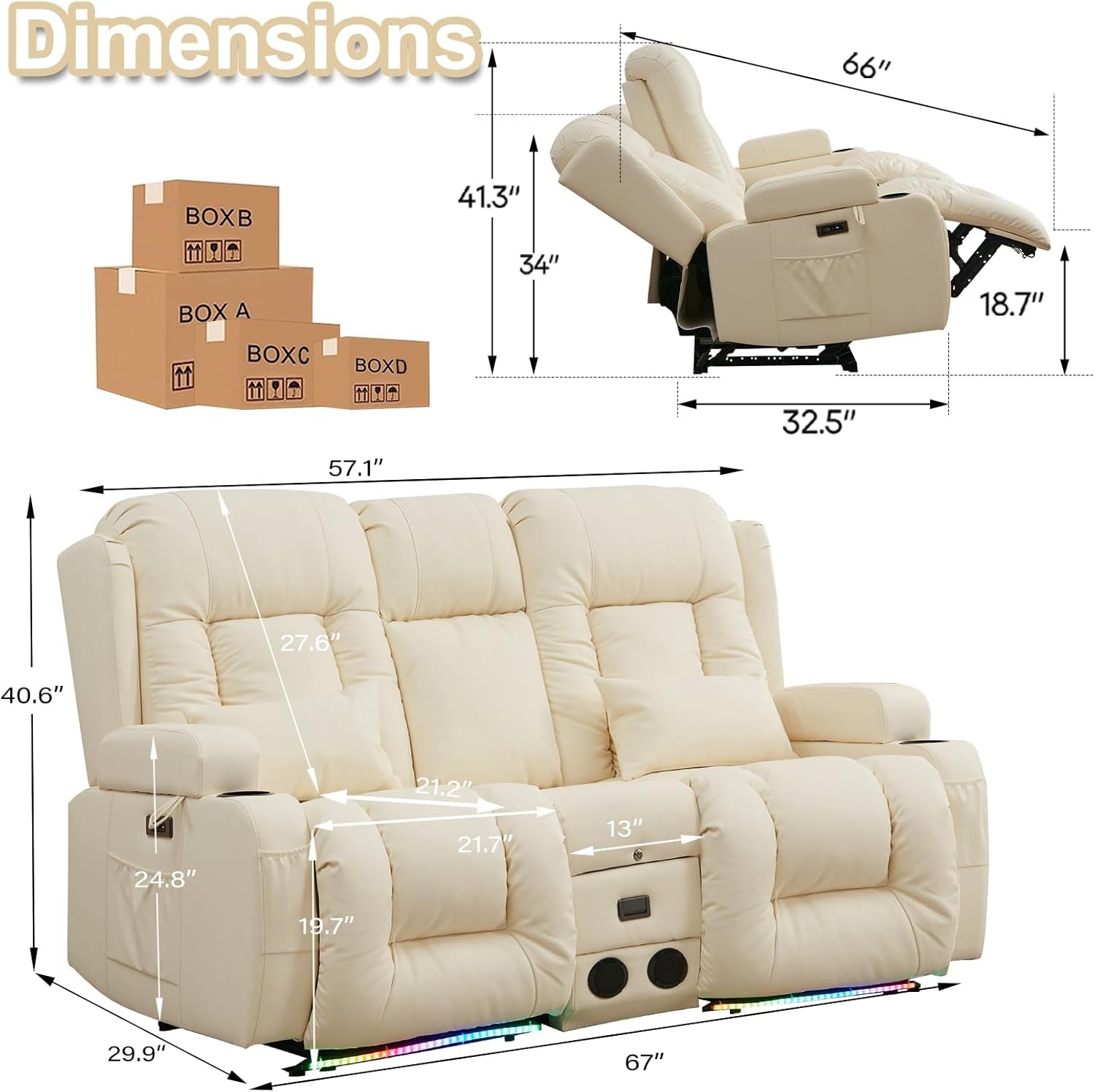 Power Loveseat Recliner Massage And Heat Cream White