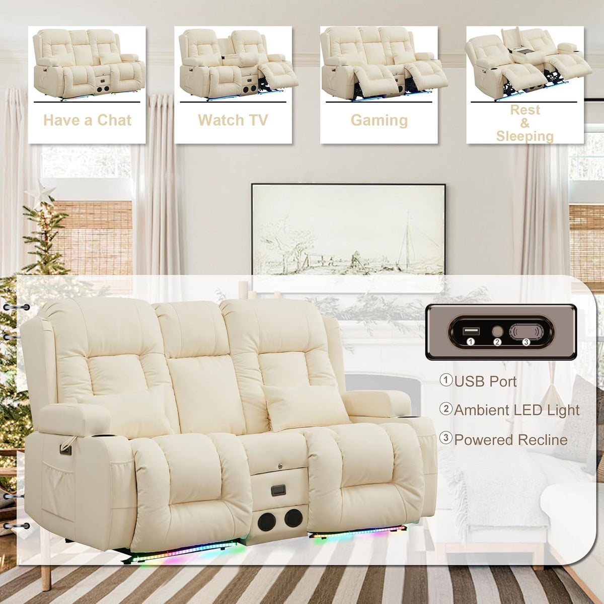 Power Loveseat Recliner Massage And Heat Cream White