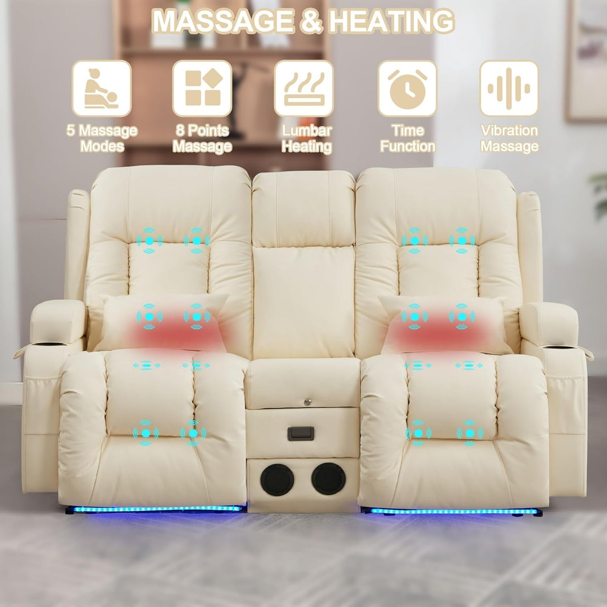 Power Loveseat Recliner Massage And Heat Cream White