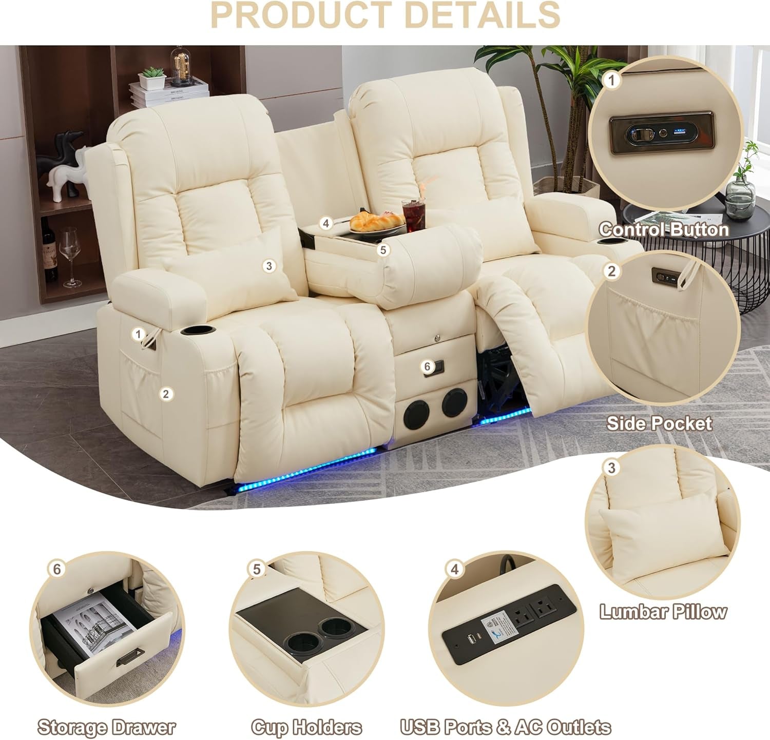 Power Loveseat Recliner Massage And Heat Cream White