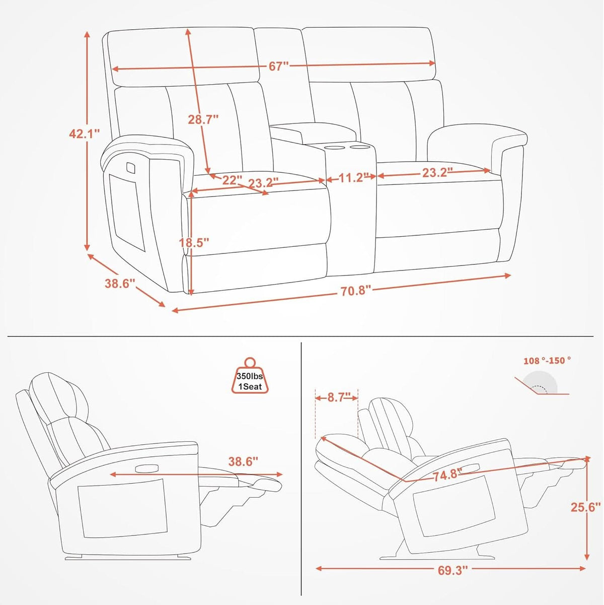 Power Loveseat Recliner Massage USB Type C Dark Gray
