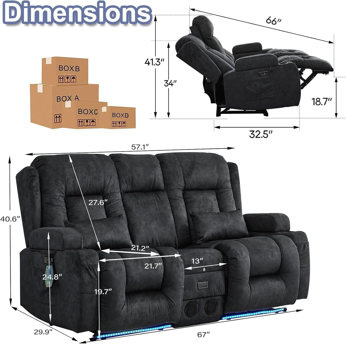 Power Loveseat Recliner Sofa Grey Massage For Home Theater