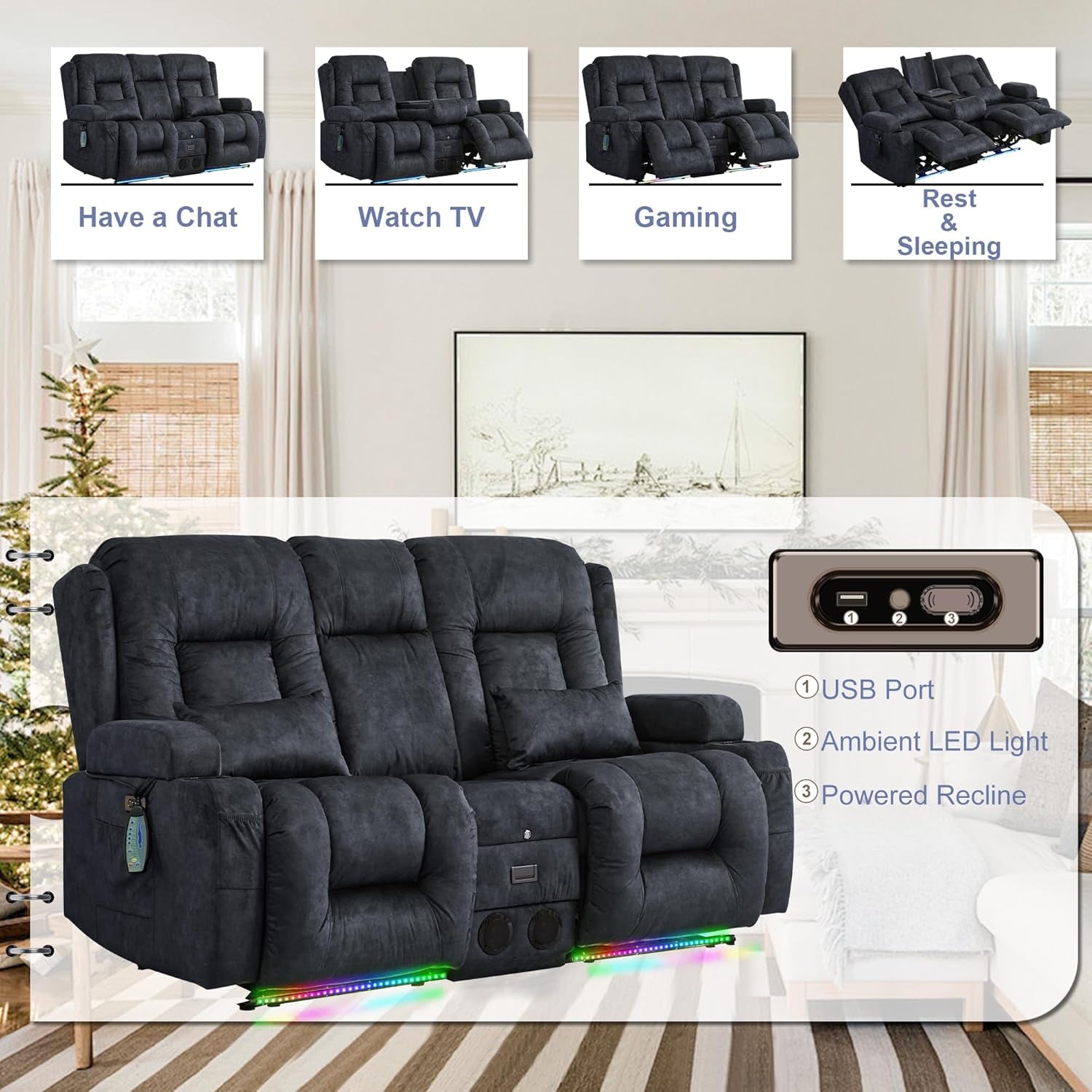 Power Loveseat Recliner Sofa Grey Massage For Home Theater