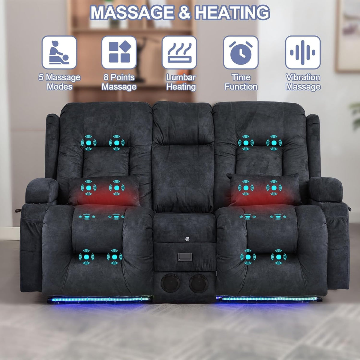 Power Loveseat Recliner Sofa Grey Massage For Home Theater