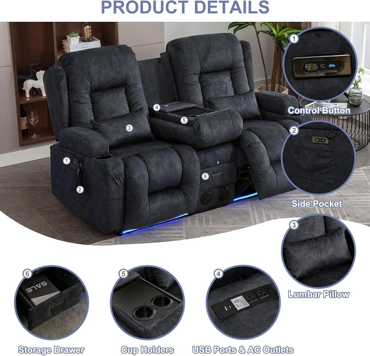 Power Loveseat Recliner Sofa Grey Massage For Home Theater