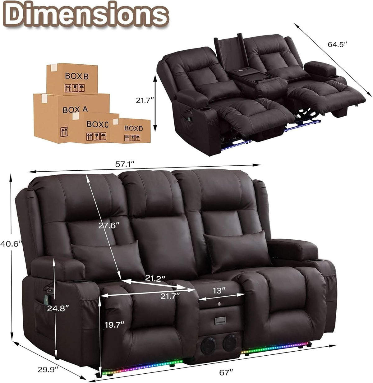 Power Loveseat Recliner Sofa With Massage And Heat Brown