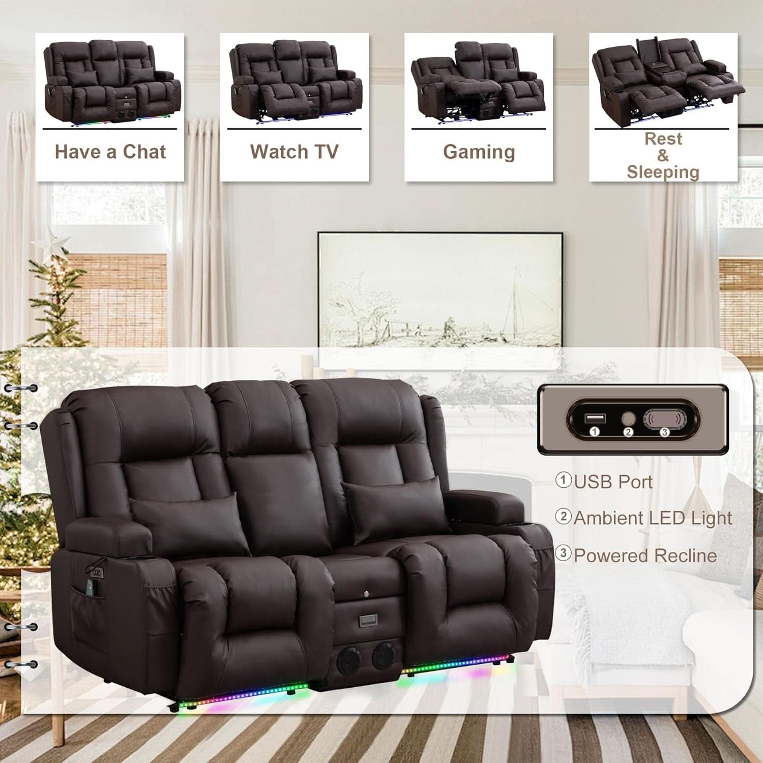 Power Loveseat Recliner Sofa With Massage And Heat Brown