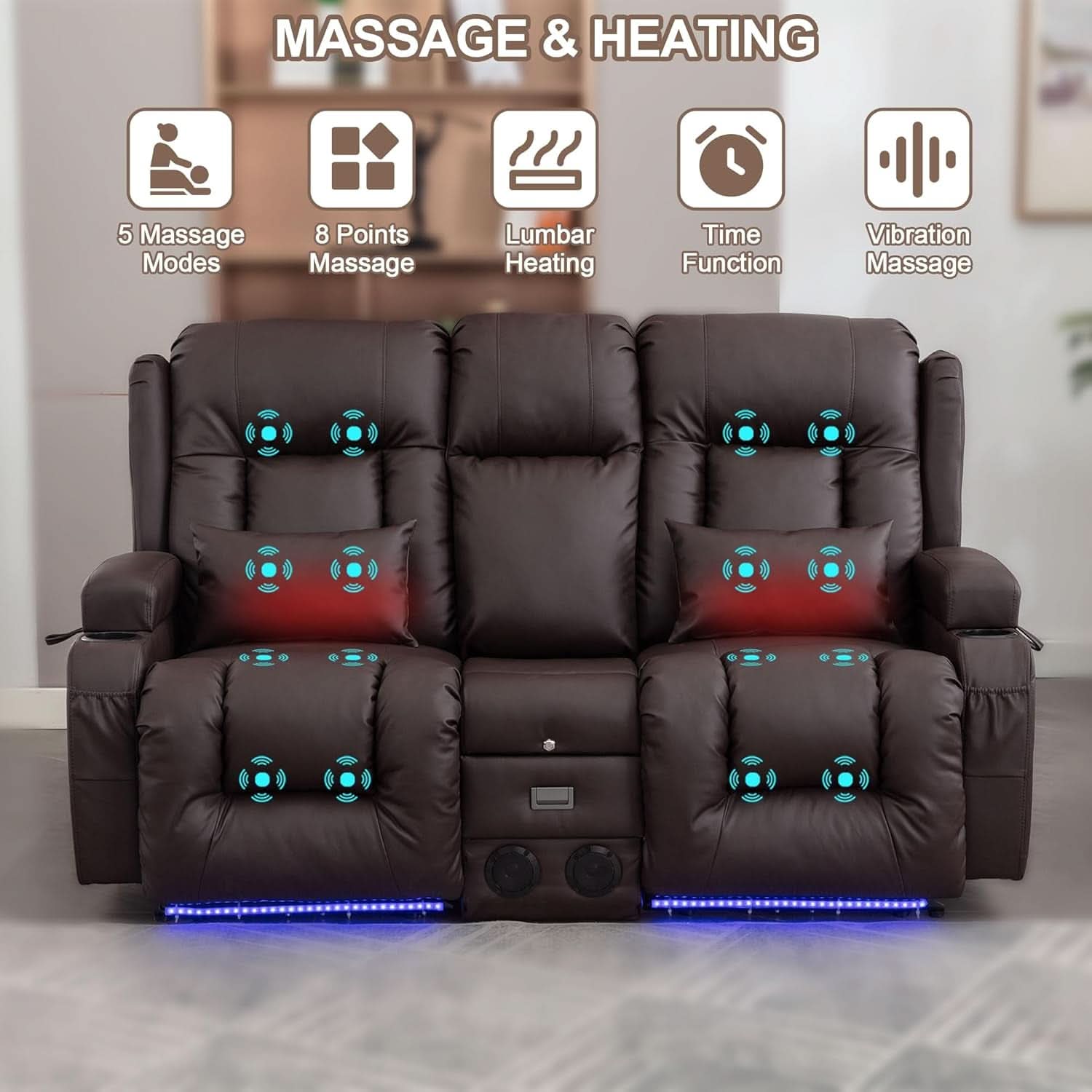 Power Loveseat Recliner Sofa With Massage And Heat Brown