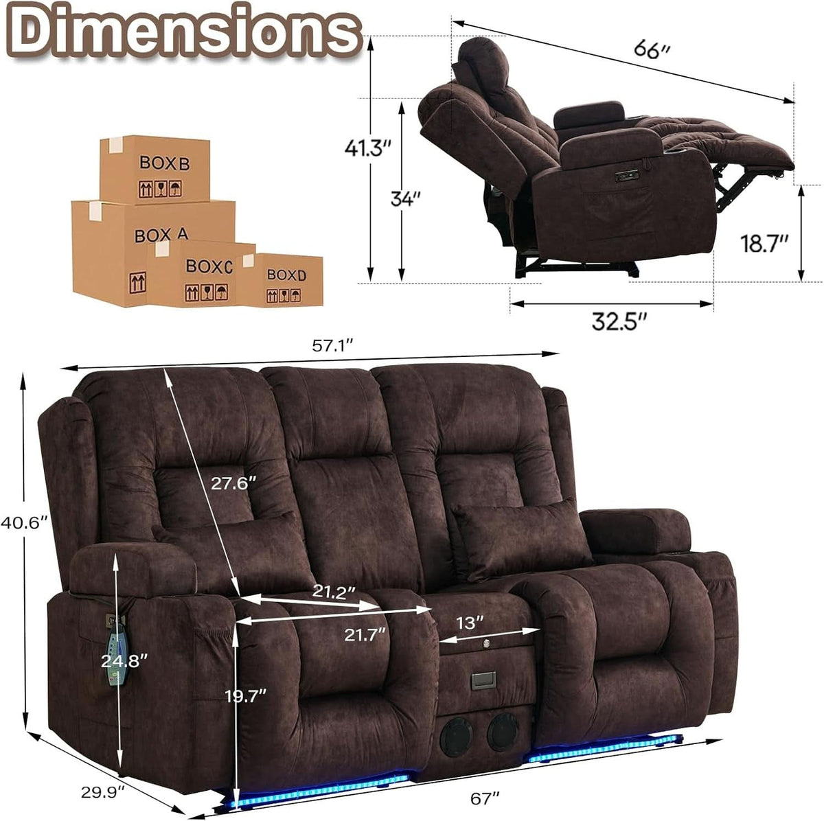 Power Loveseat Recliner Sofa With Massage Velvet Brown